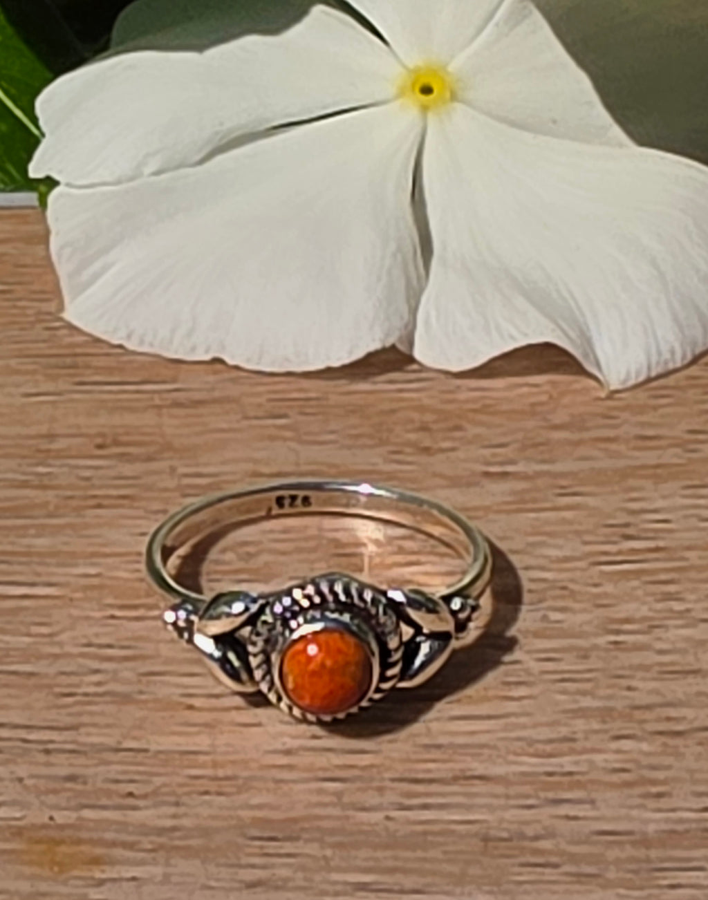 Red-Orange Coral Cabochon Sterling Silver Ring, Size 7