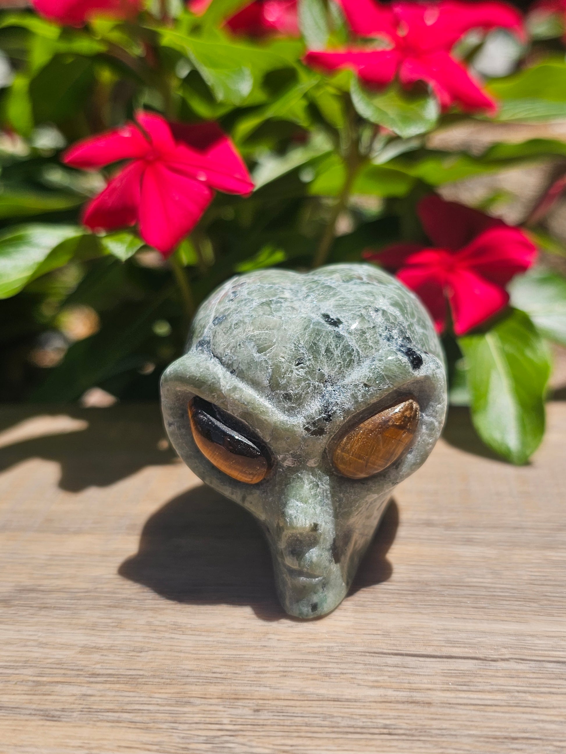 Green Moss Agate & Tiger's Eye Crystal Alien Figurine