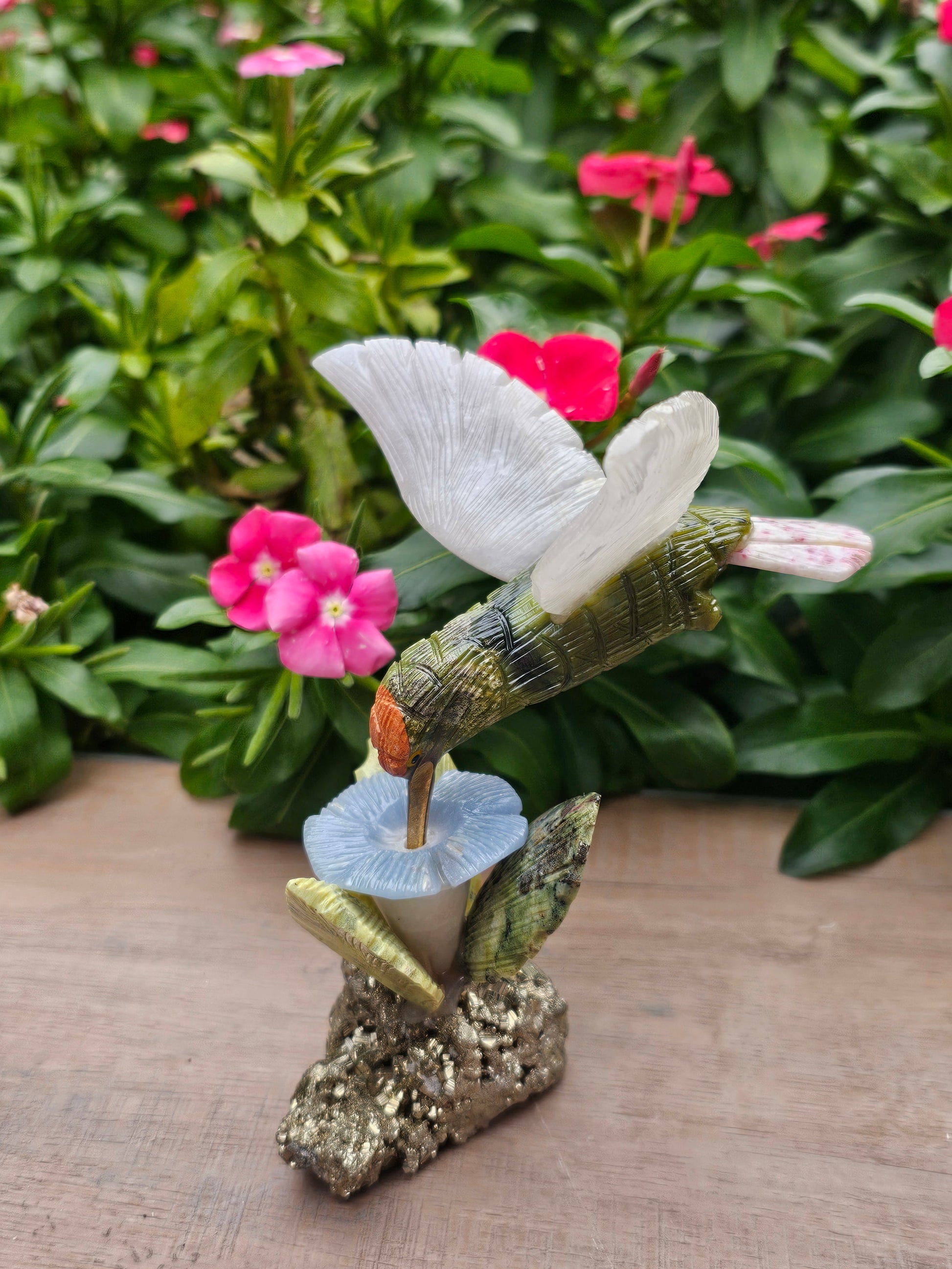Pyrite Chalcedony Serpentine Hummingbird on Pyrite Flower - Hand Carved Crystal