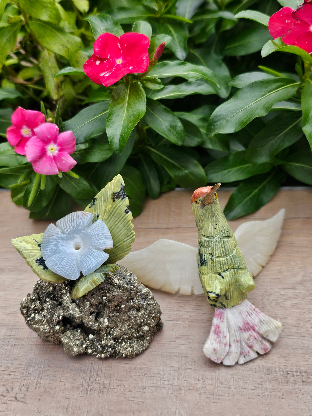 Serpentine Hummingbird on Pyrite Flower - Hand Carved Crystal Sculpture