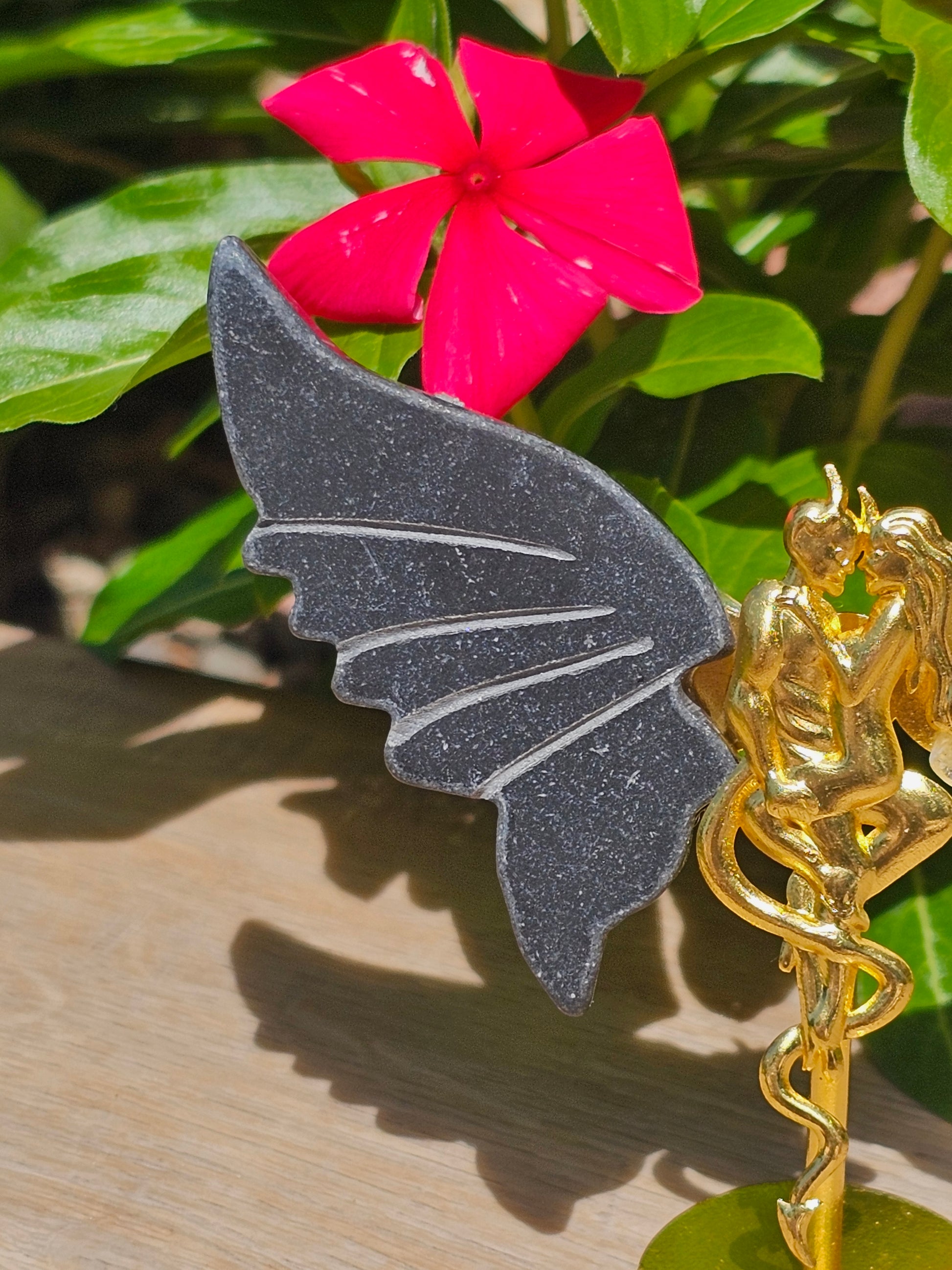 Lovers Devil & Angel Wings Crystal Statue — Black Obsidian & Clear Quartz