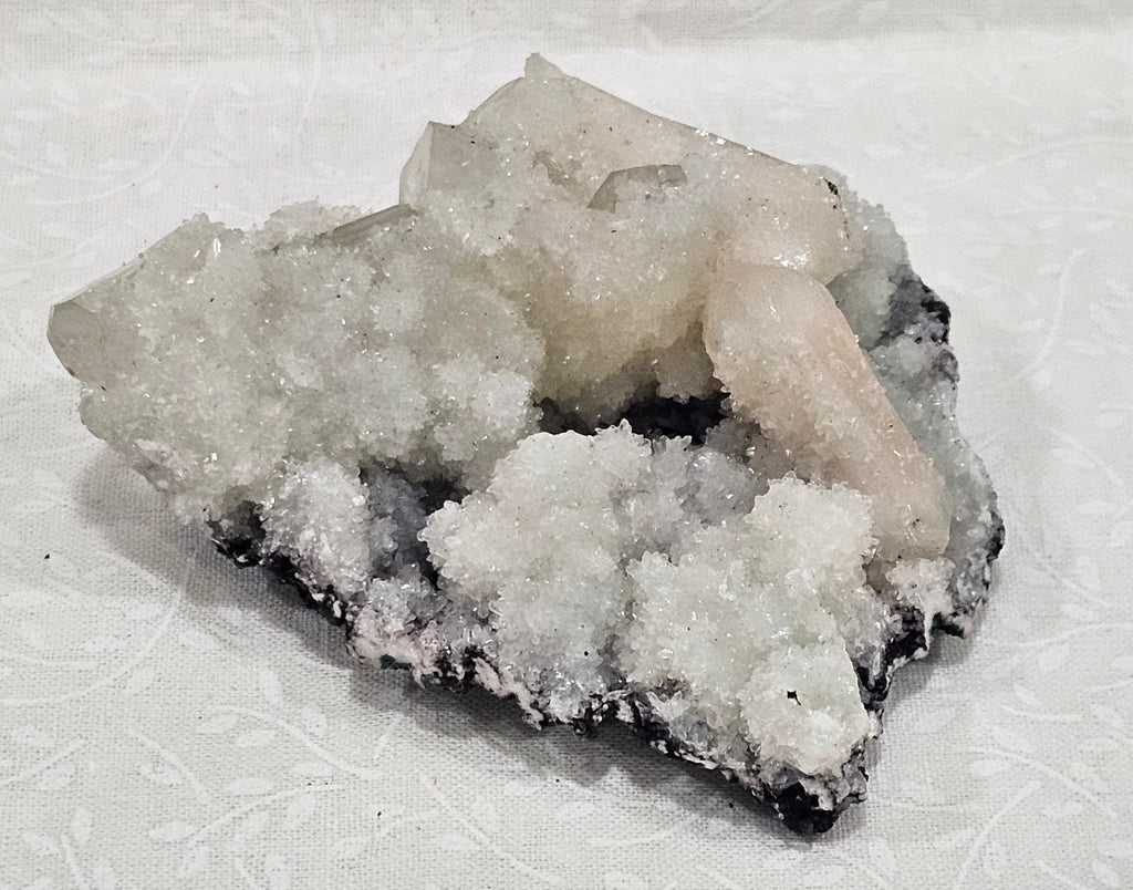 Apophyllite with Stillbite and Clear Quartz Raw Crystal Cluster