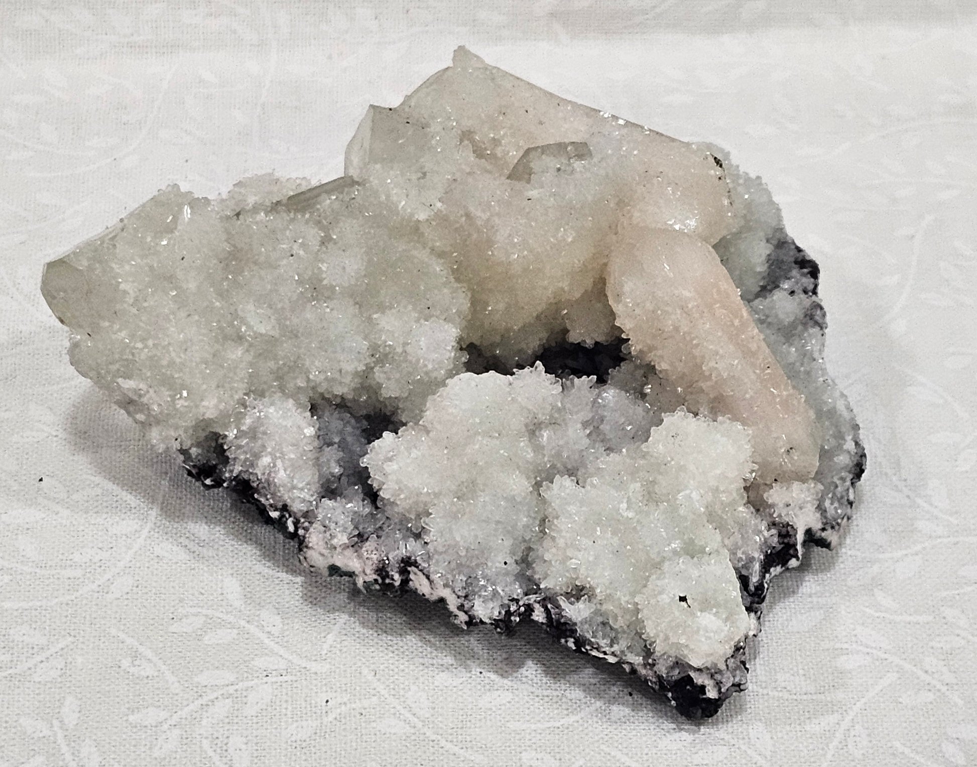 Apophyllite with Stillbite and Clear Quartz Raw Crystal Cluster