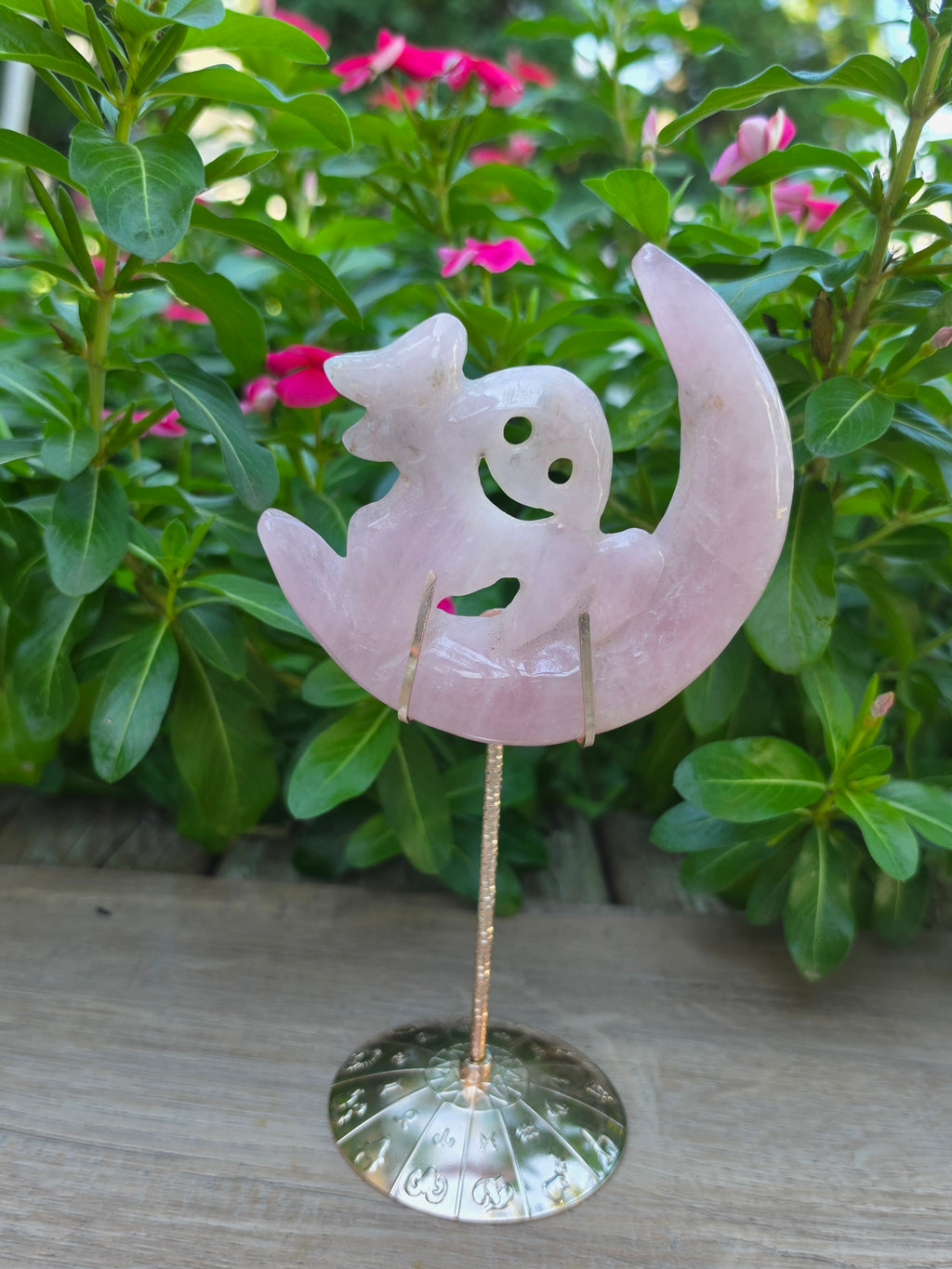 Pink Quartz Crescent Moon Crystal Ghost on Stand