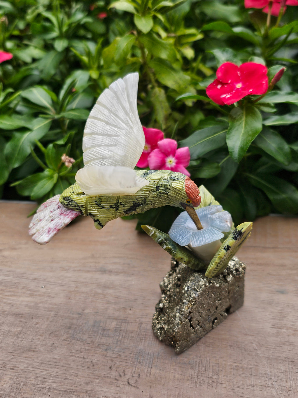 Serpentine Hummingbird on Pyrite Flower - Hand Carved Crystal Sculpture