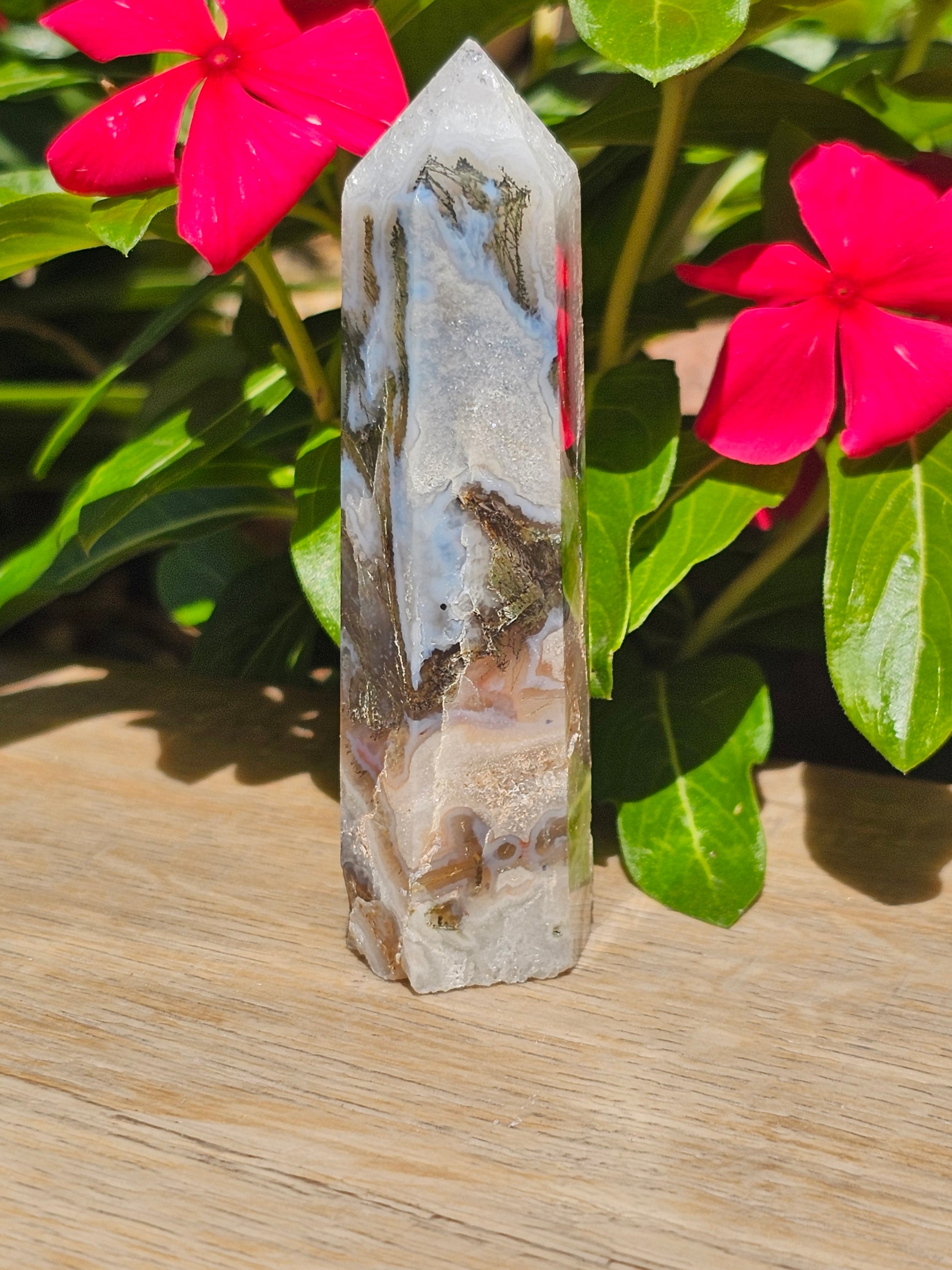 Green Moss Agate Crystal Tower