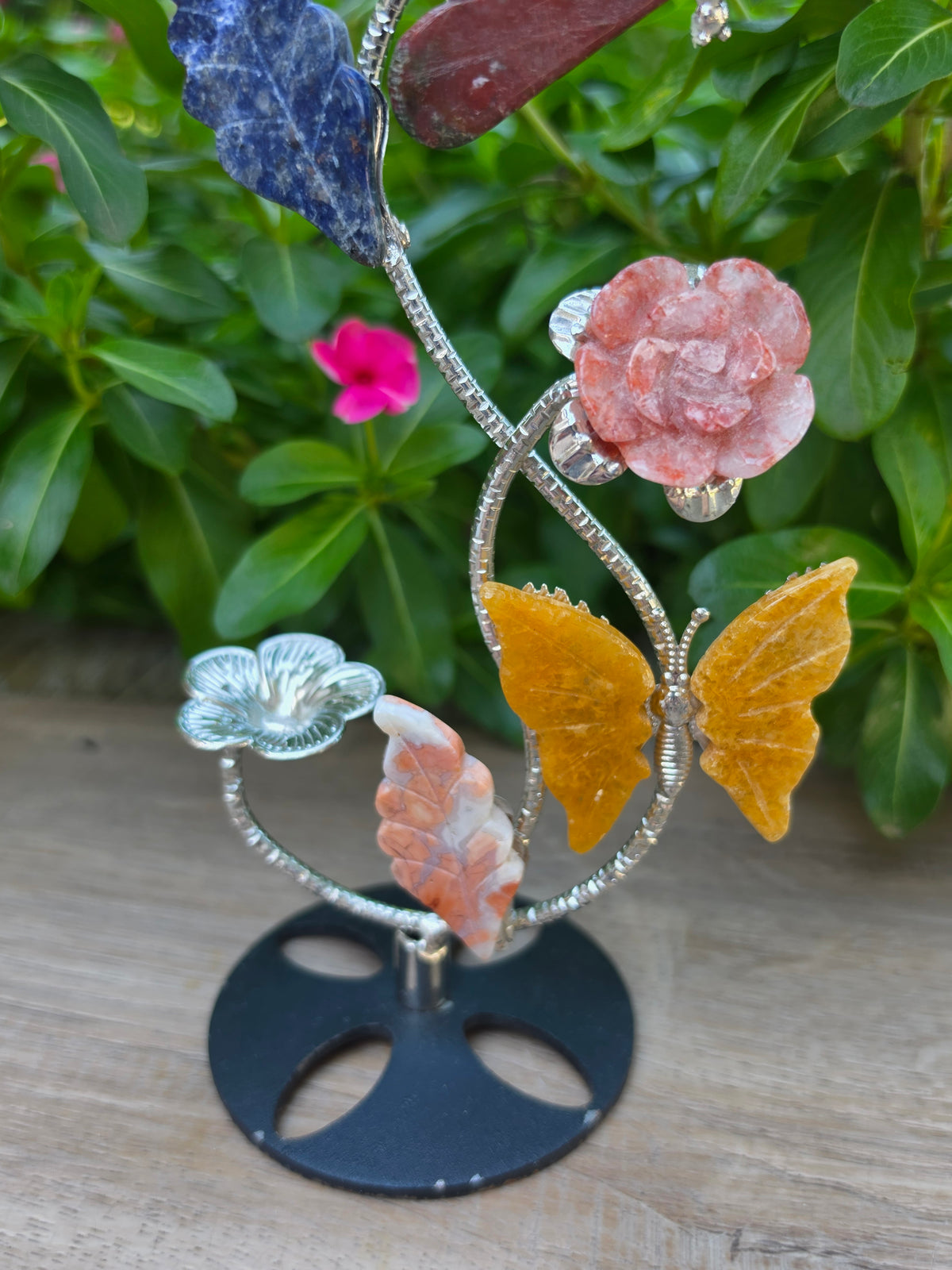 Crystal Sphere Holder Stand with Unakite Dragonfly,  Yellow Calcite Butterfly, Fire Quartz Rose & Flower Agate Leaf