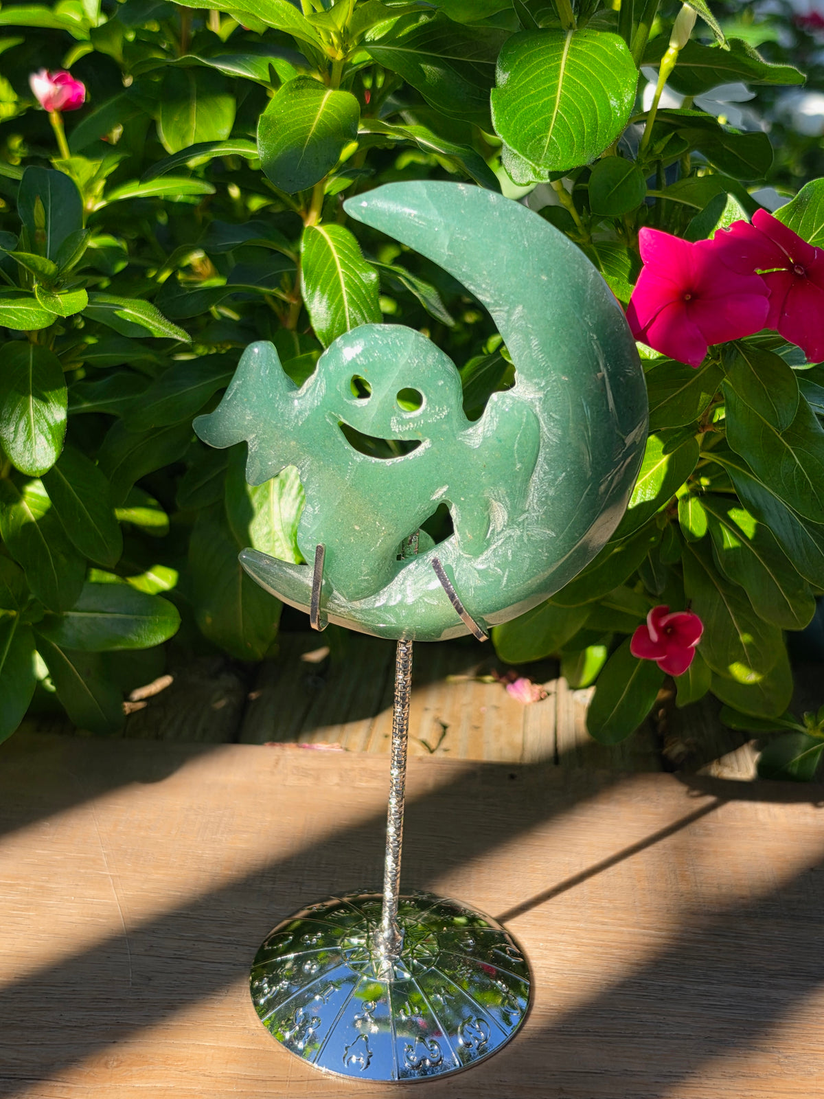 Green Aventurine Crescent Moon Ghost on a Stand