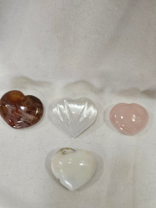 1 Pink Quartz 1 Howlite 1 Jasper & 1 Selenite Crystal Hearts