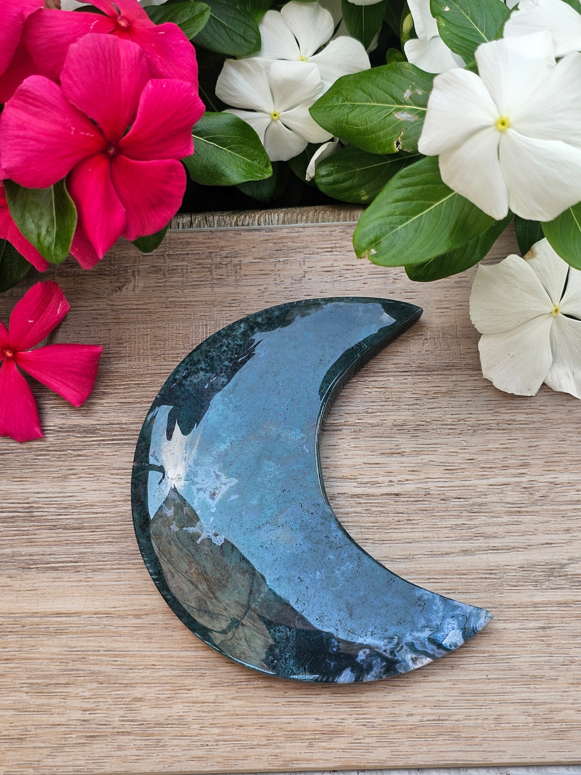 Moss Agate Crystal Crescent Moon On Stand