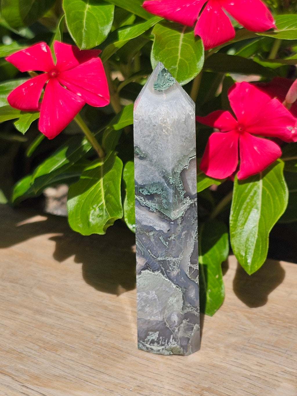 Green Moss Agate Crystal Tower