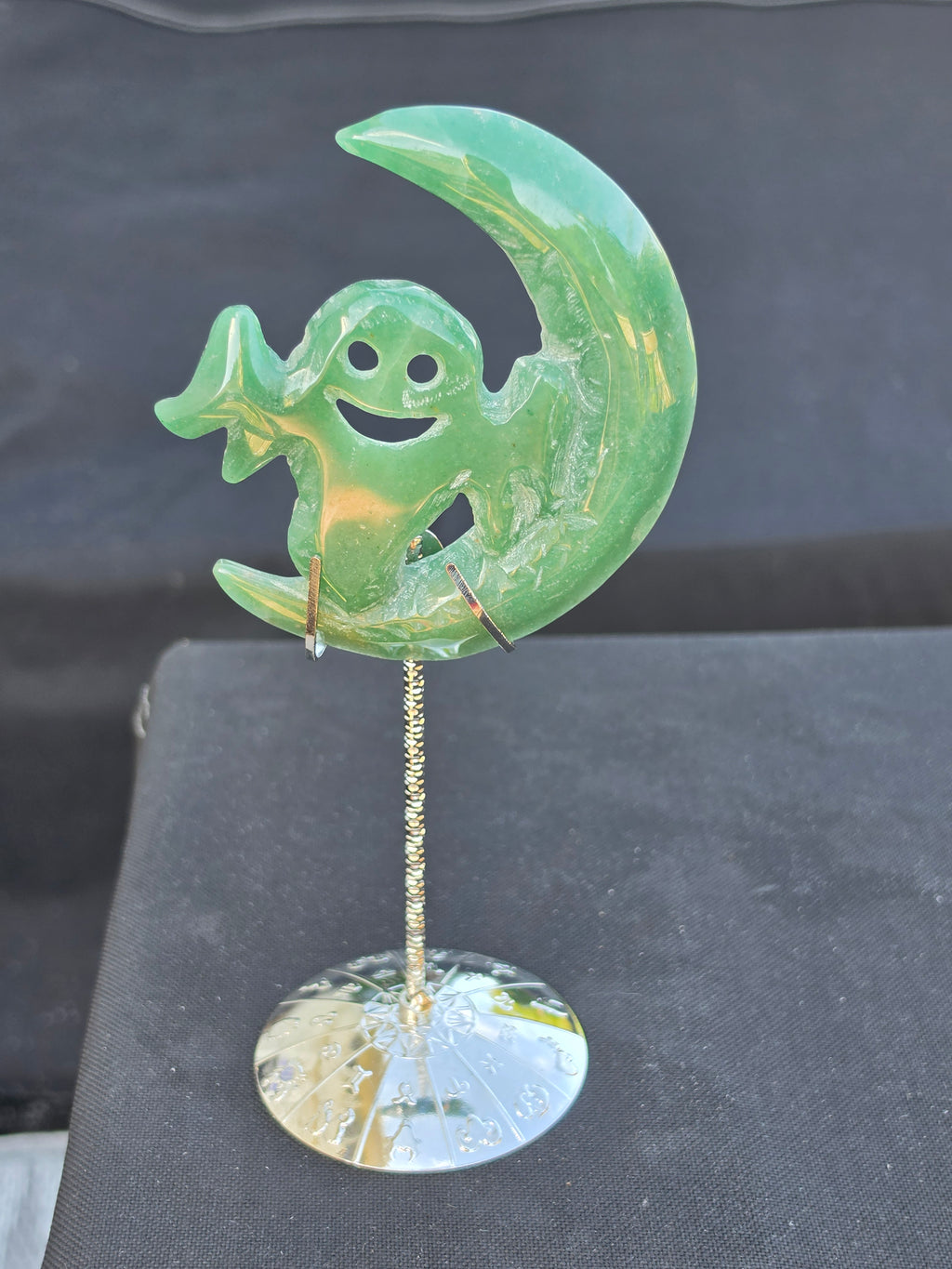 Green Aventurine Crescent Moon Ghost on a Stand