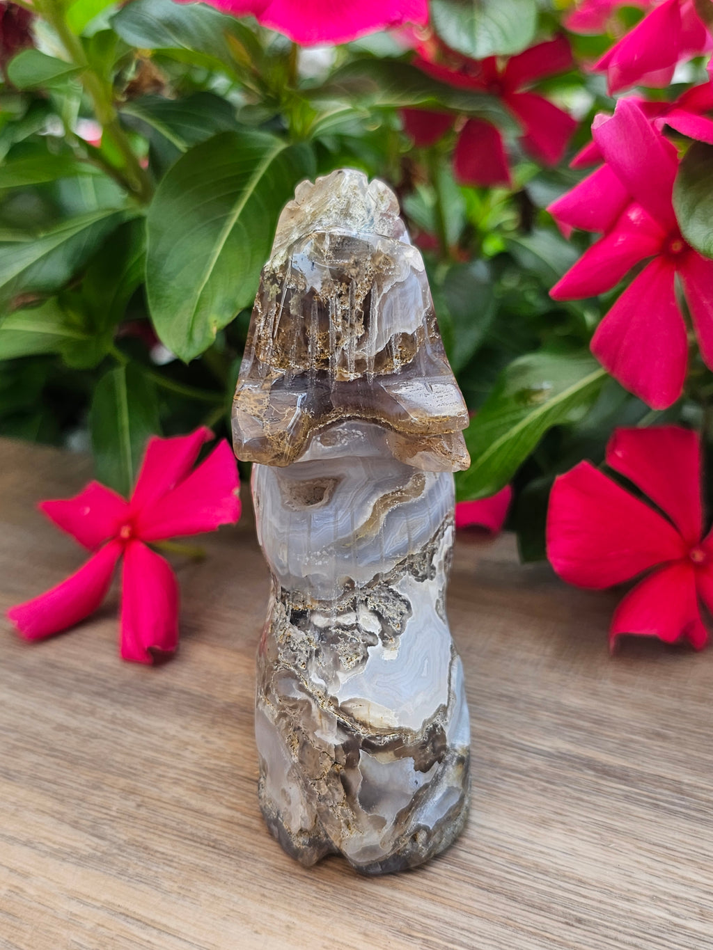 Moss Agate Crystal Wolf Carving