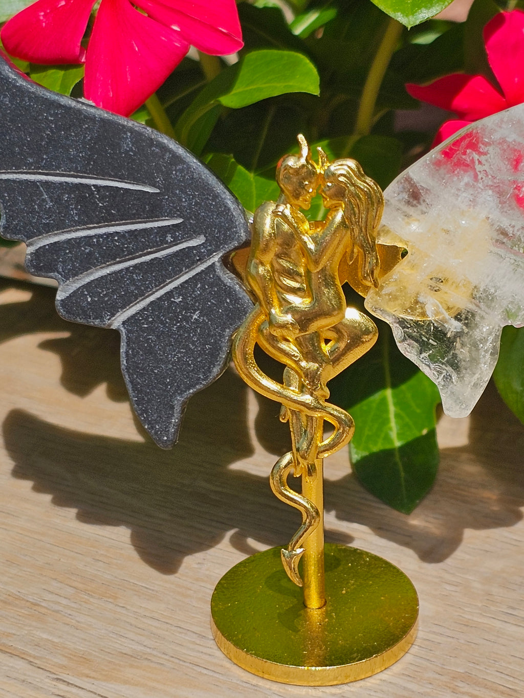 Lovers Devil & Angel Wings Crystal Statue — Black Obsidian & Clear Quartz