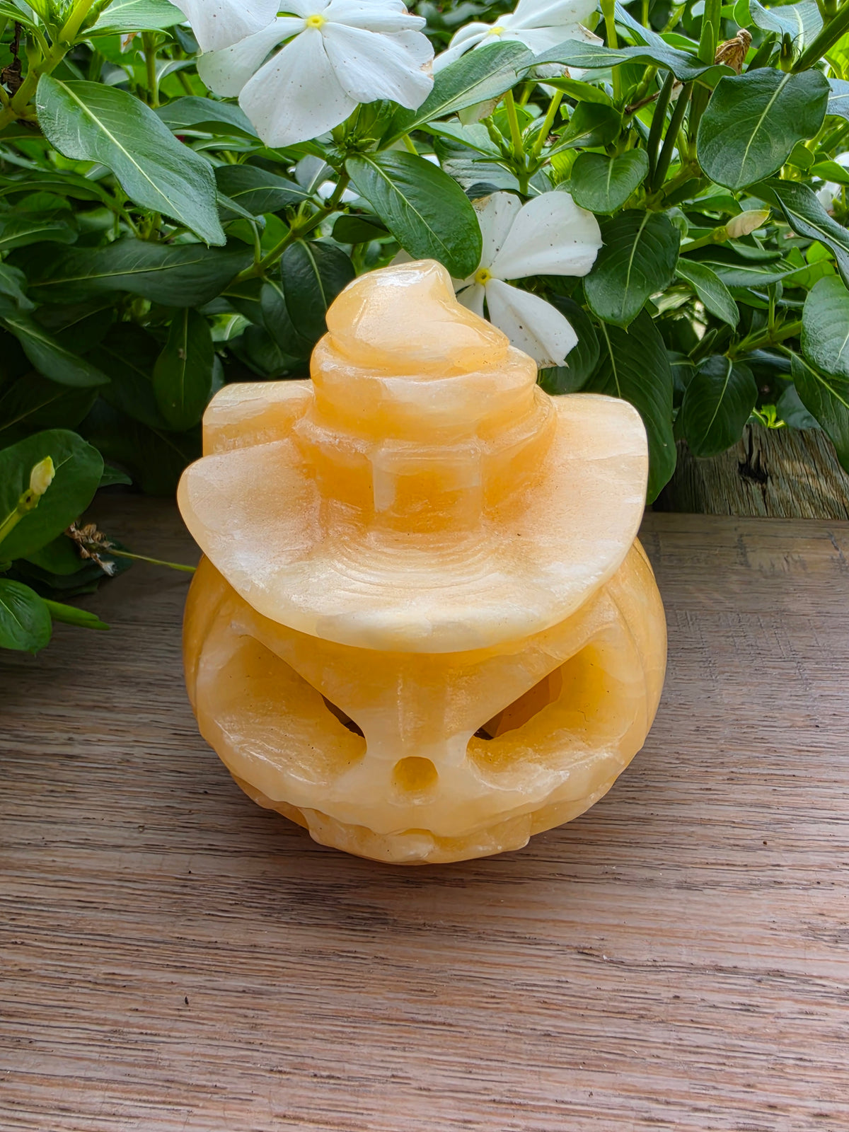 Yellow Orange Calcite Crystal Pumpkin Head with Witch Hat