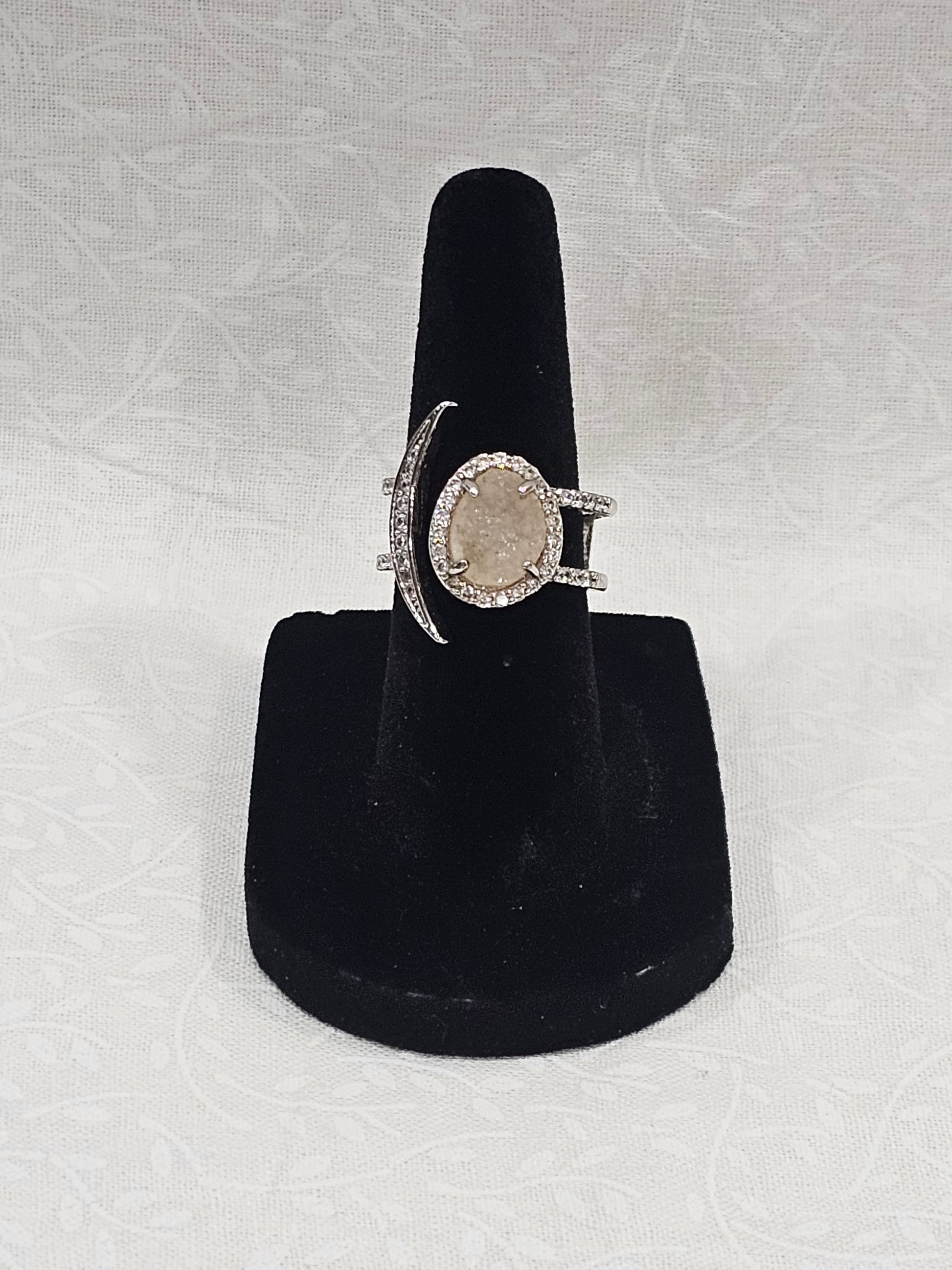 Sterling Silver Pink Quartz Druzy Moon Ring 5