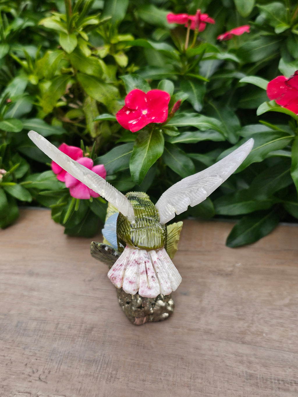 Pyrite Chalcedony Serpentine Hummingbird on Pyrite Flower - Hand Carved Crystal