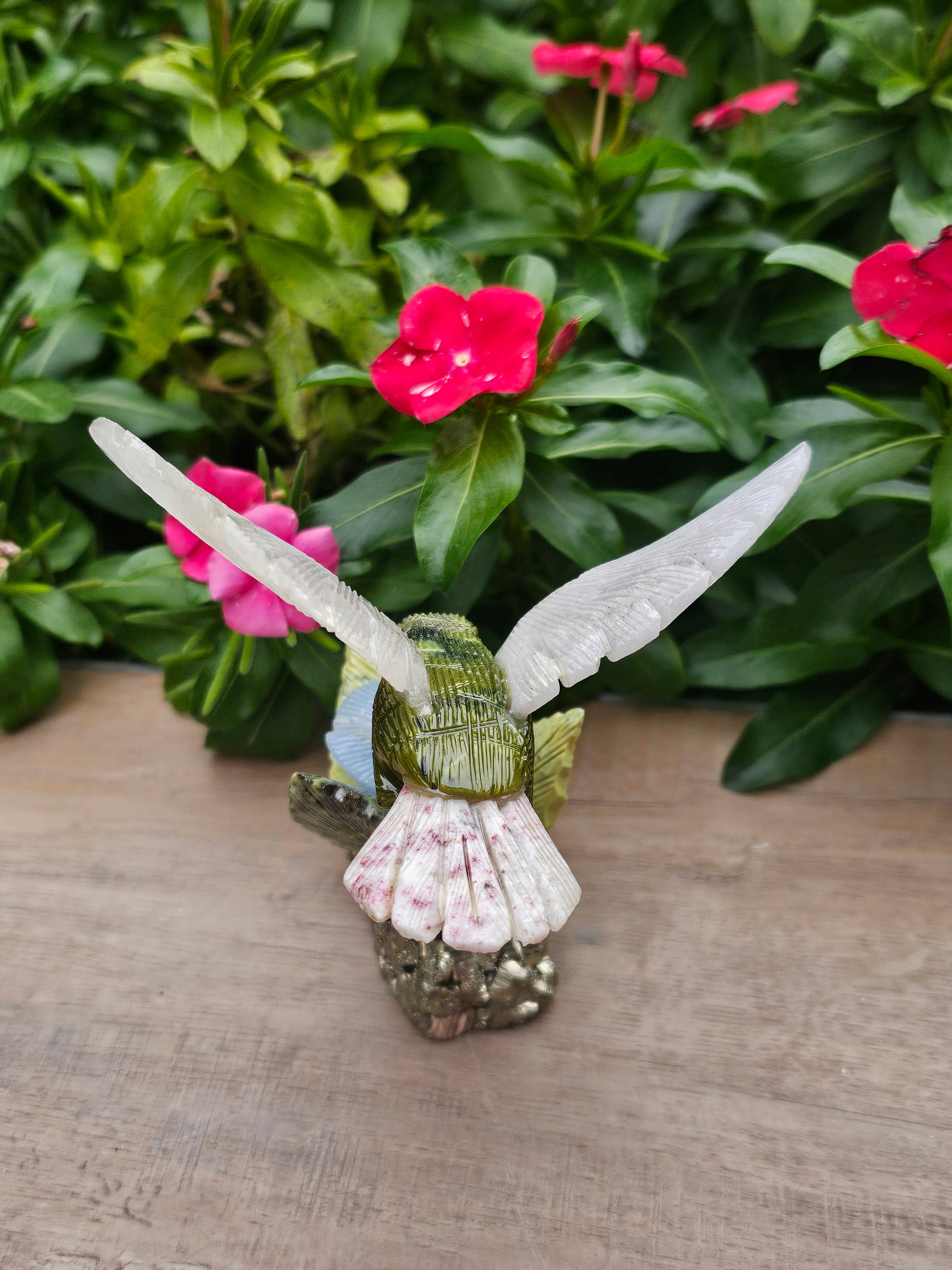 Pyrite Chalcedony Serpentine Hummingbird on Pyrite Flower - Hand Carved Crystal