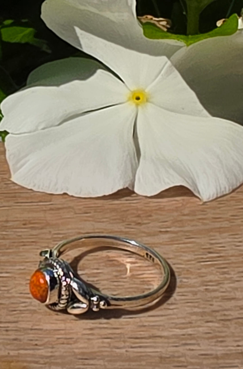 Red-Orange Coral Cabochon Sterling Silver Ring, Size 7