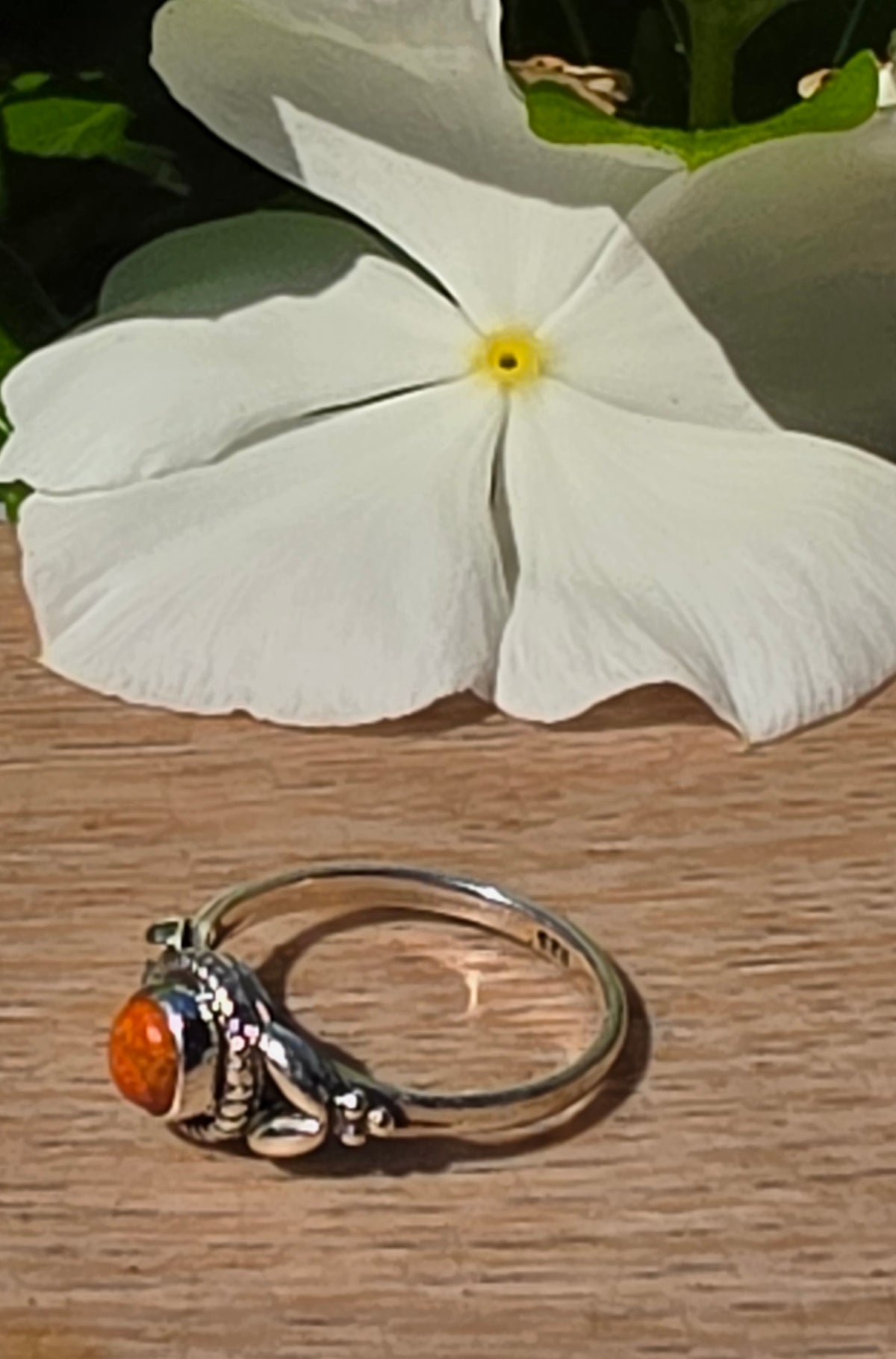 Red-Orange Coral Cabochon Sterling Silver Ring, Size 7