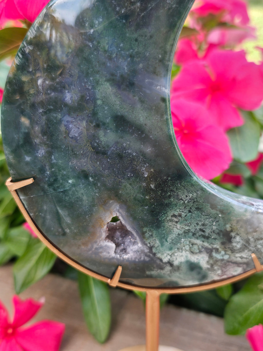 Moss Agate Crystal Crescent Moon With Stand