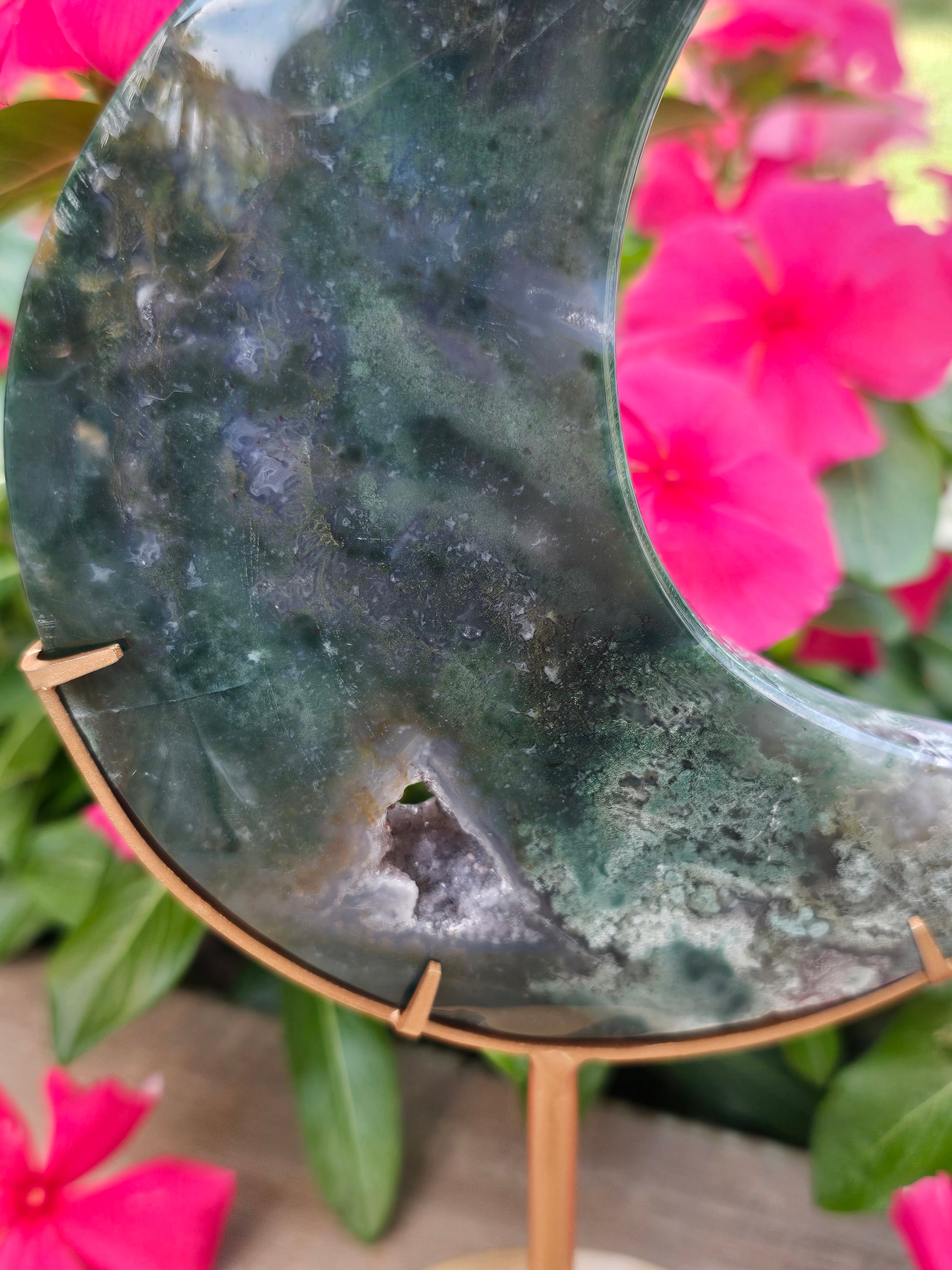 Moss Agate Crystal Crescent Moon With Stand