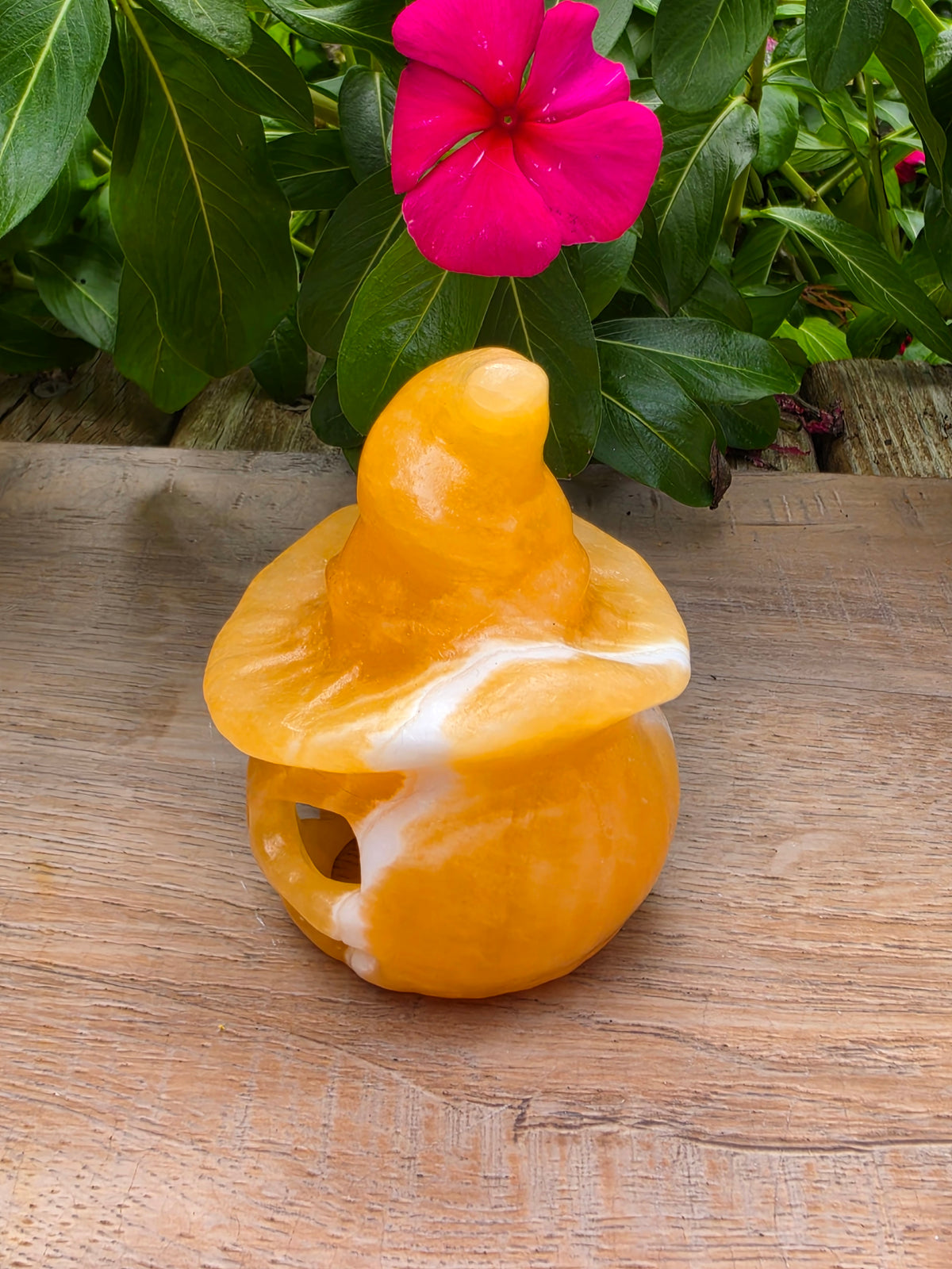 Orange Calcite Crystal Jack O Latern Pumpkin  with Witch Hat