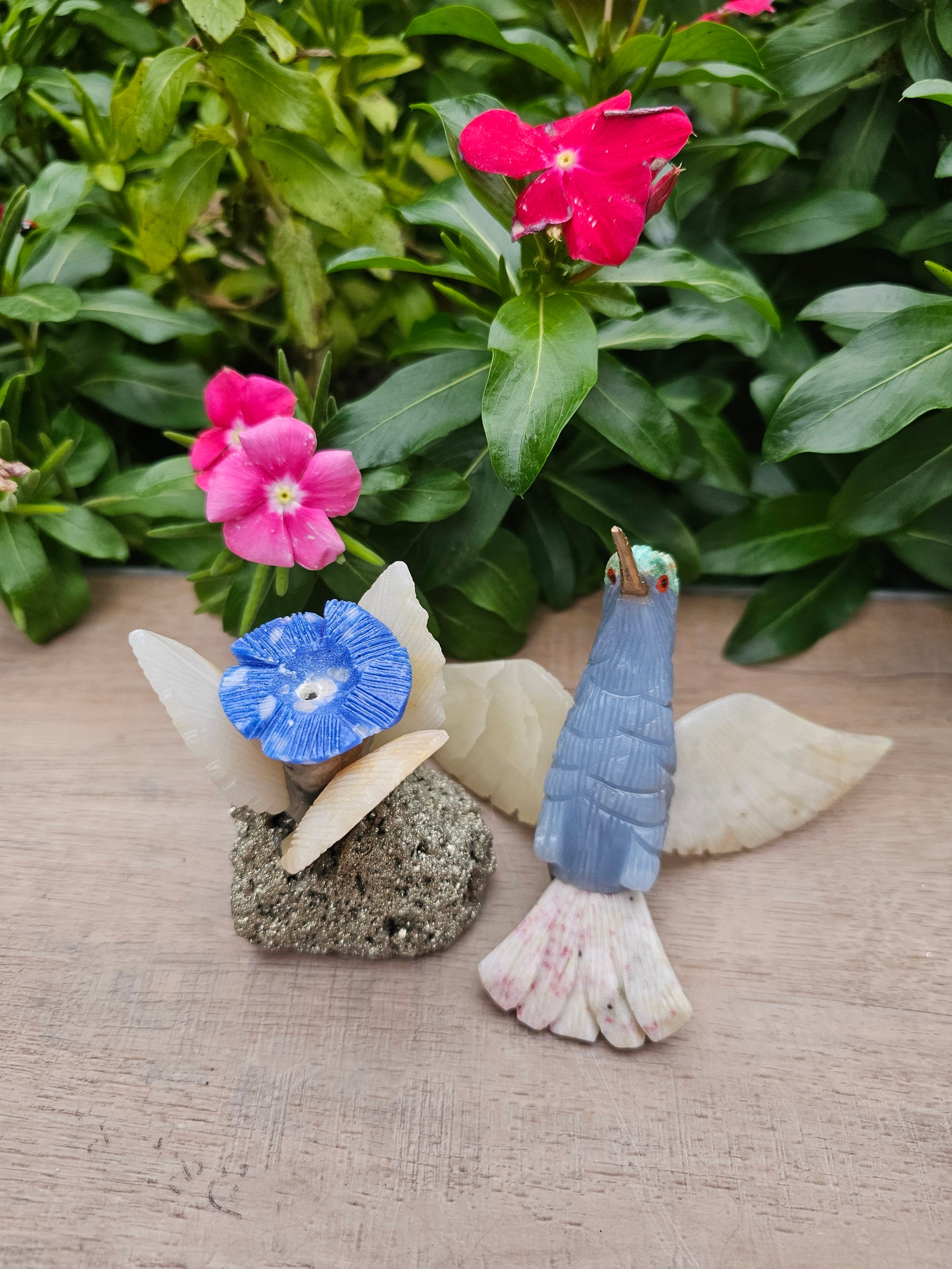 Stunning Pyrite Angelite Hummingbird on Natural Pyrite Flower