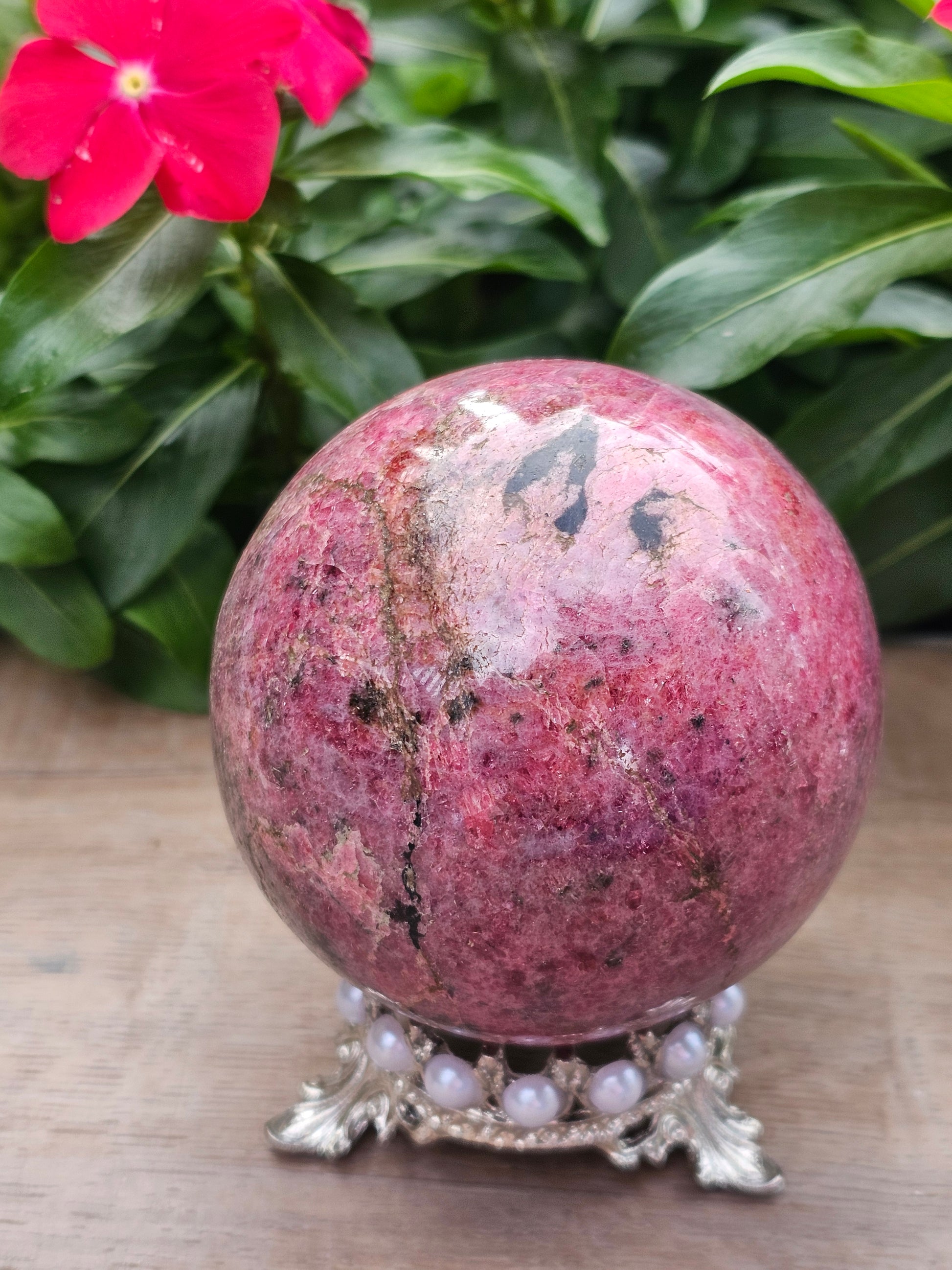 Rhodonite Crystal Sphere 76mm - Natural Pink Stone Ball