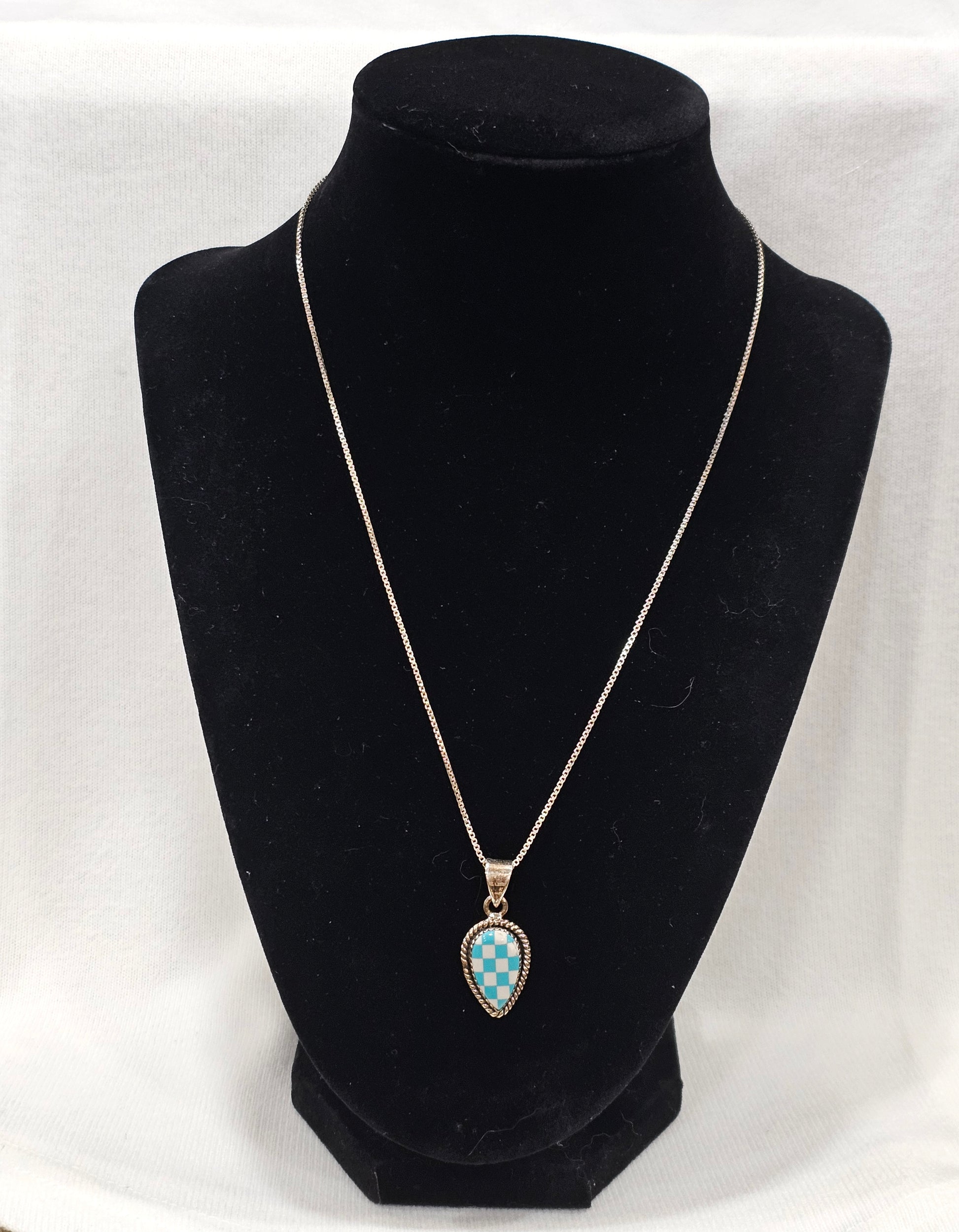 Kingman Turquoise Checkered Pendant Necklace - Sterling Silver with 18" Chain