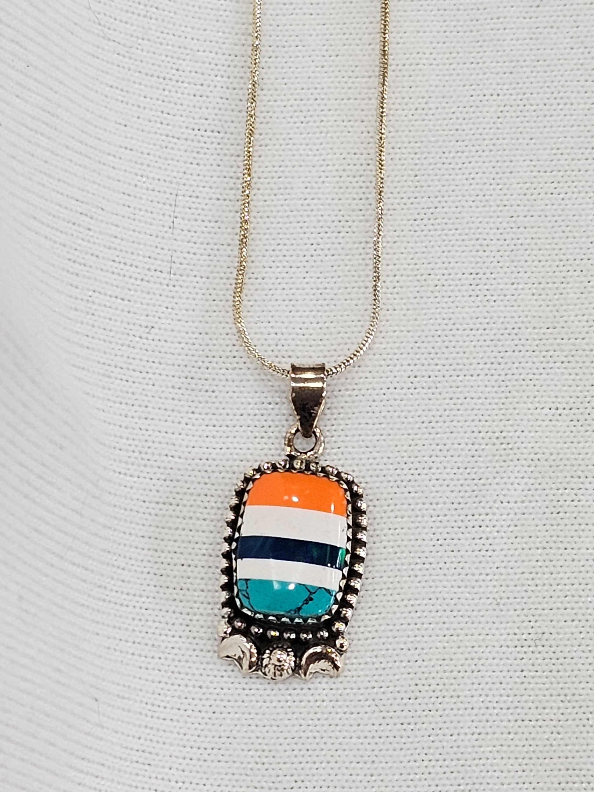 Zuni Turquoise Inlay Necklace - Sterling Silver with 24" Chain