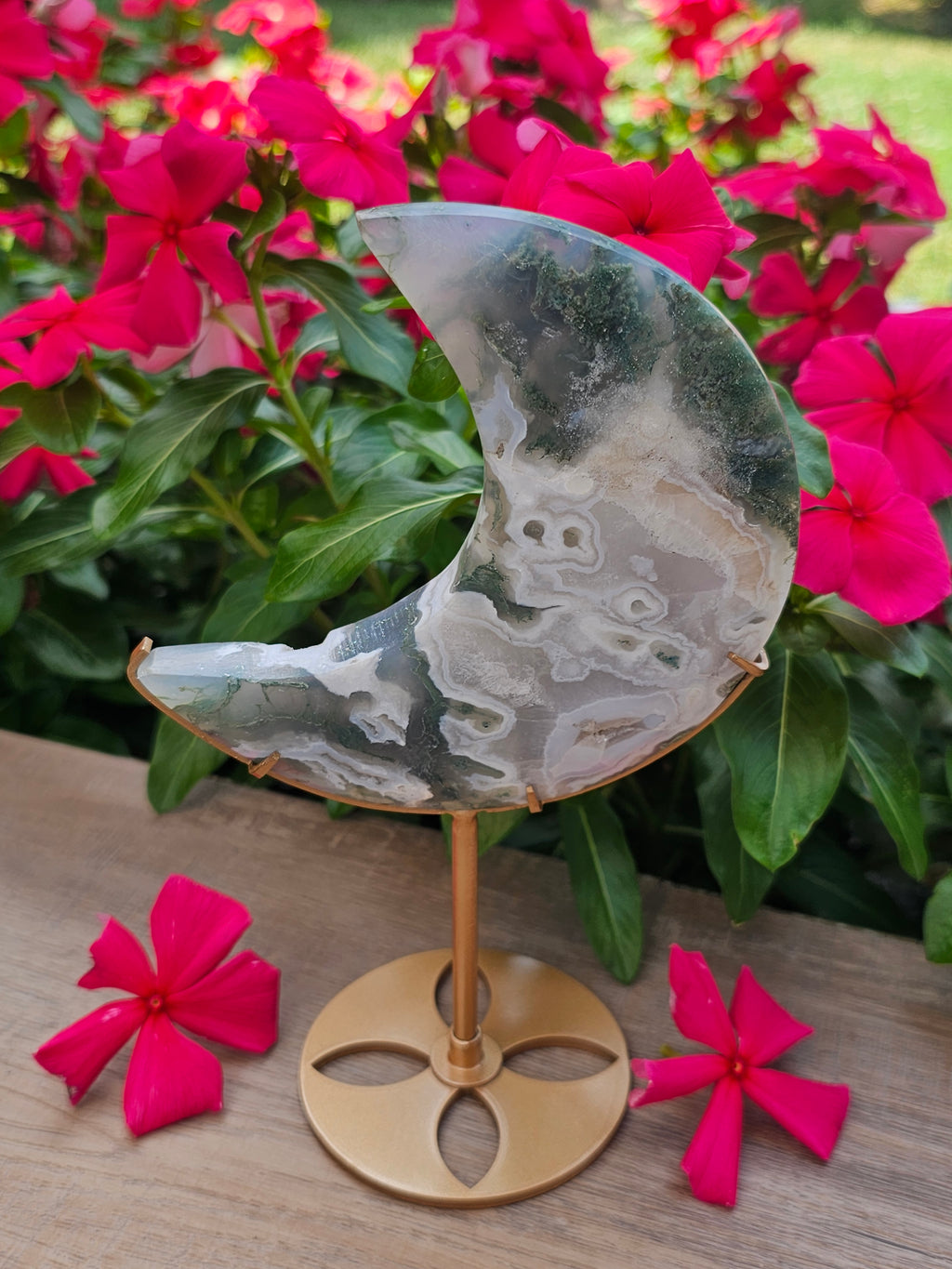 Green Moss Agate Crystal Crescent Moon On Stand
