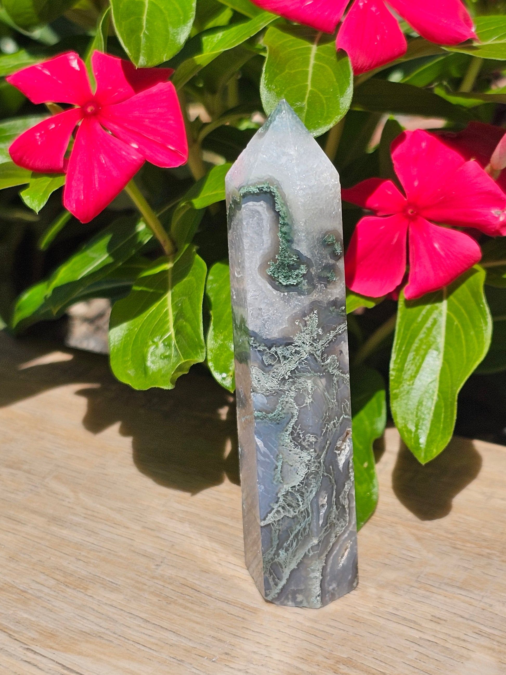 Green Moss Agate Crystal Tower