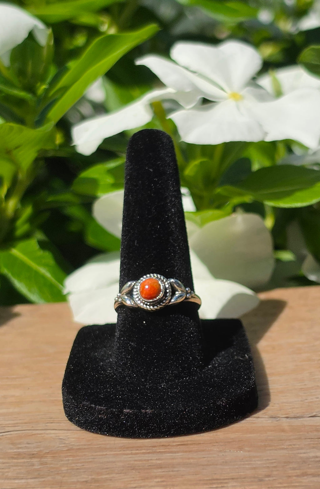 Red-Orange Coral Cabochon Sterling Silver Ring, Size 7
