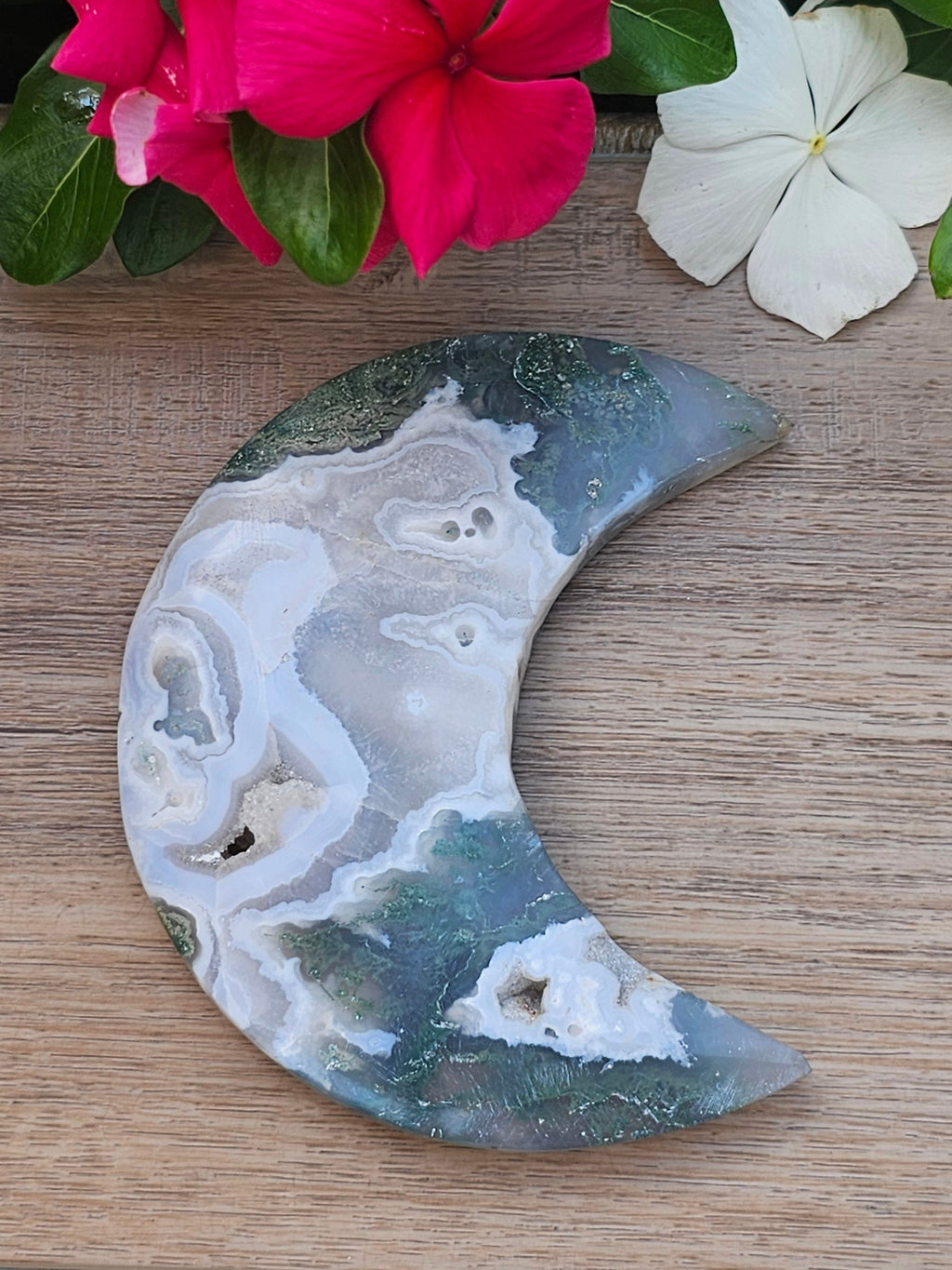 Green Moss Agate Crystal Crescent Moon On Stand