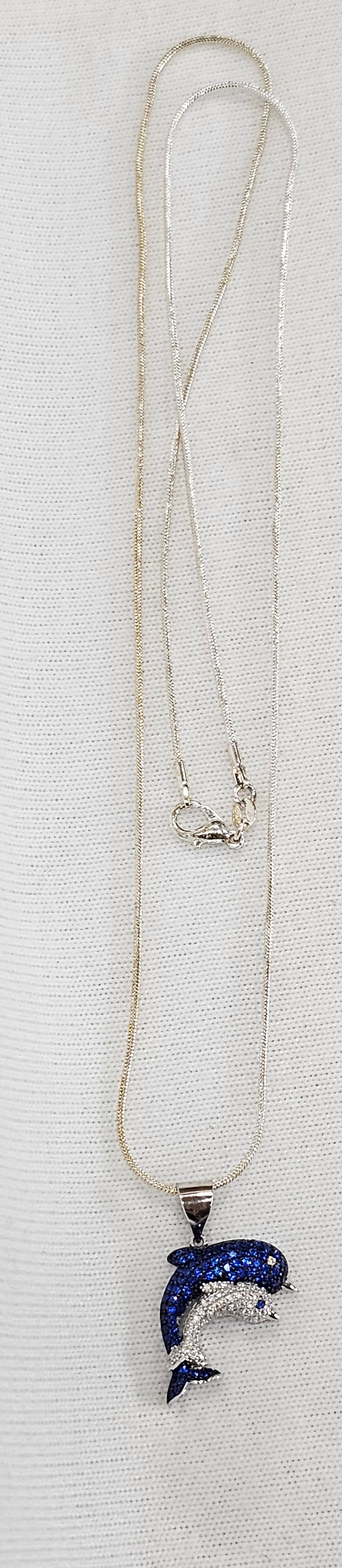 Sapphire Gemstone Momma & Baby Dolphin Pendant - Sterling Silver Necklace 24" Chain