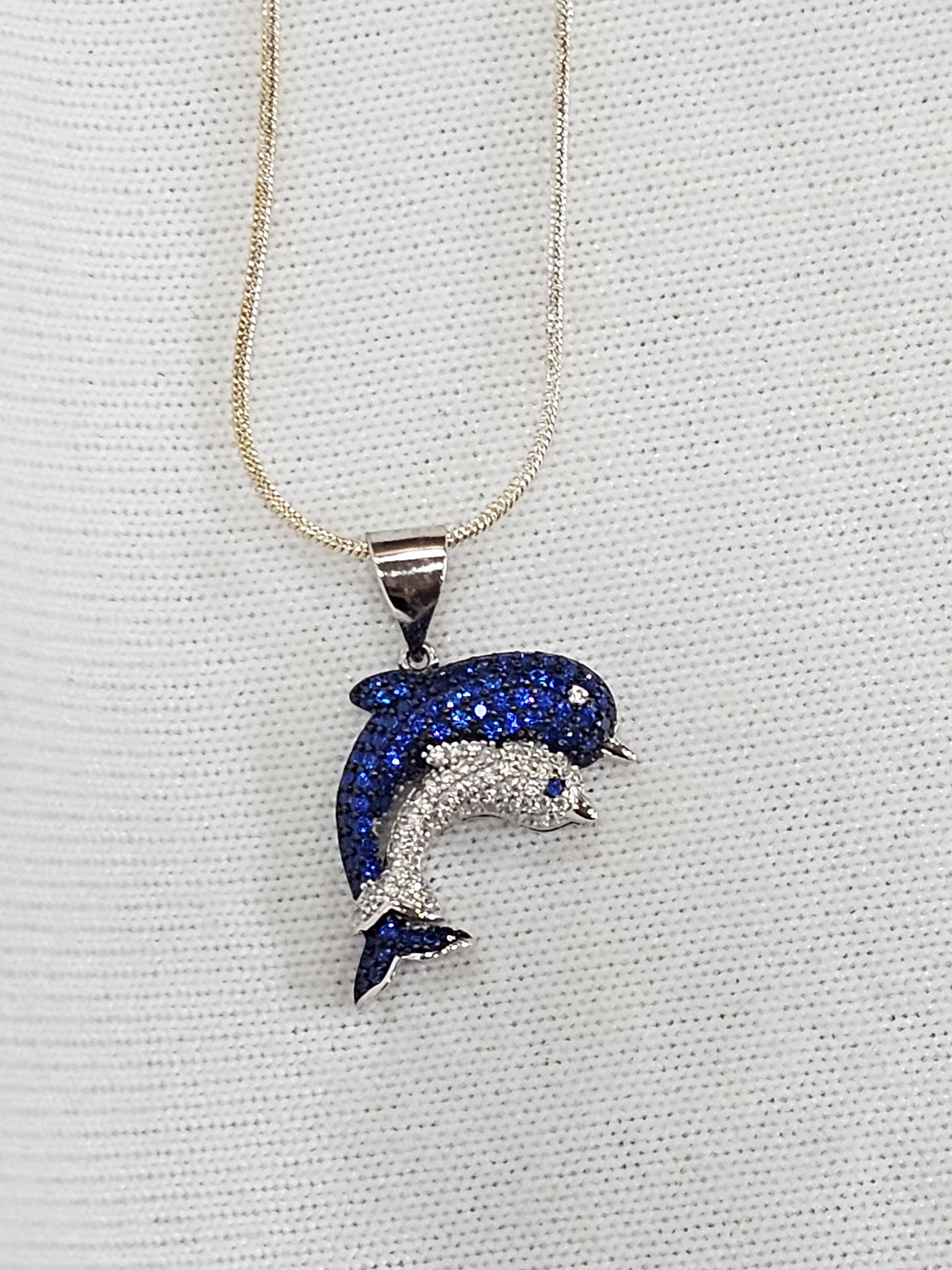 Sapphire Gemstone Momma & Baby Dolphin Pendant - Sterling Silver Necklace 24" Chain