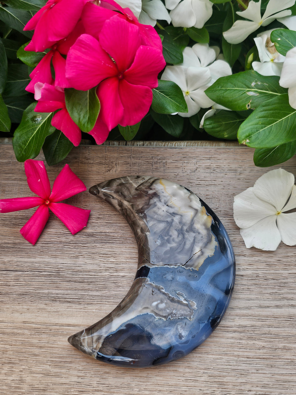 Volcano Agate Crystal Crescent Moon On Stand