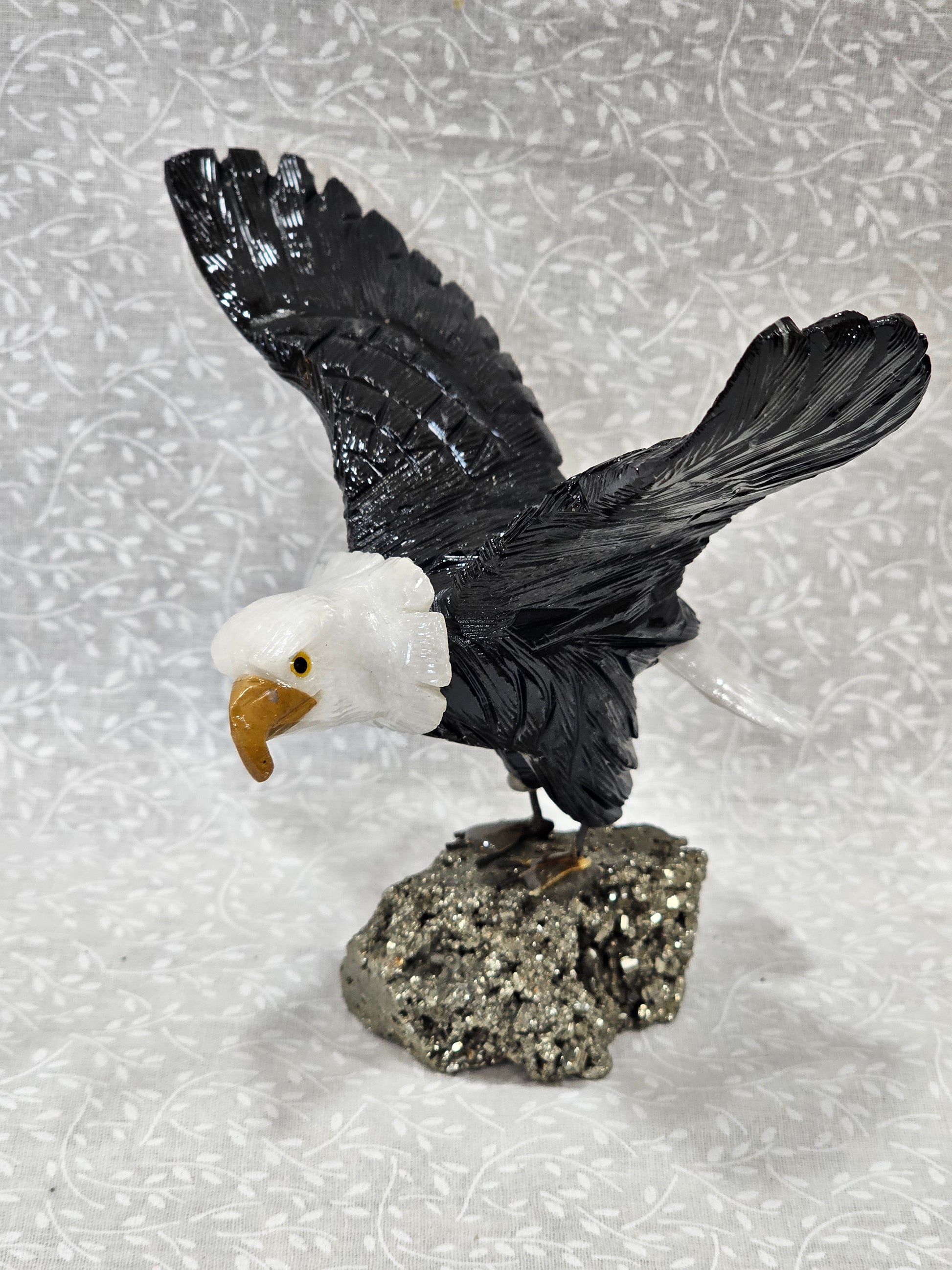 Black & White Onyx Eagle With Pyrite Base Crystal Figure