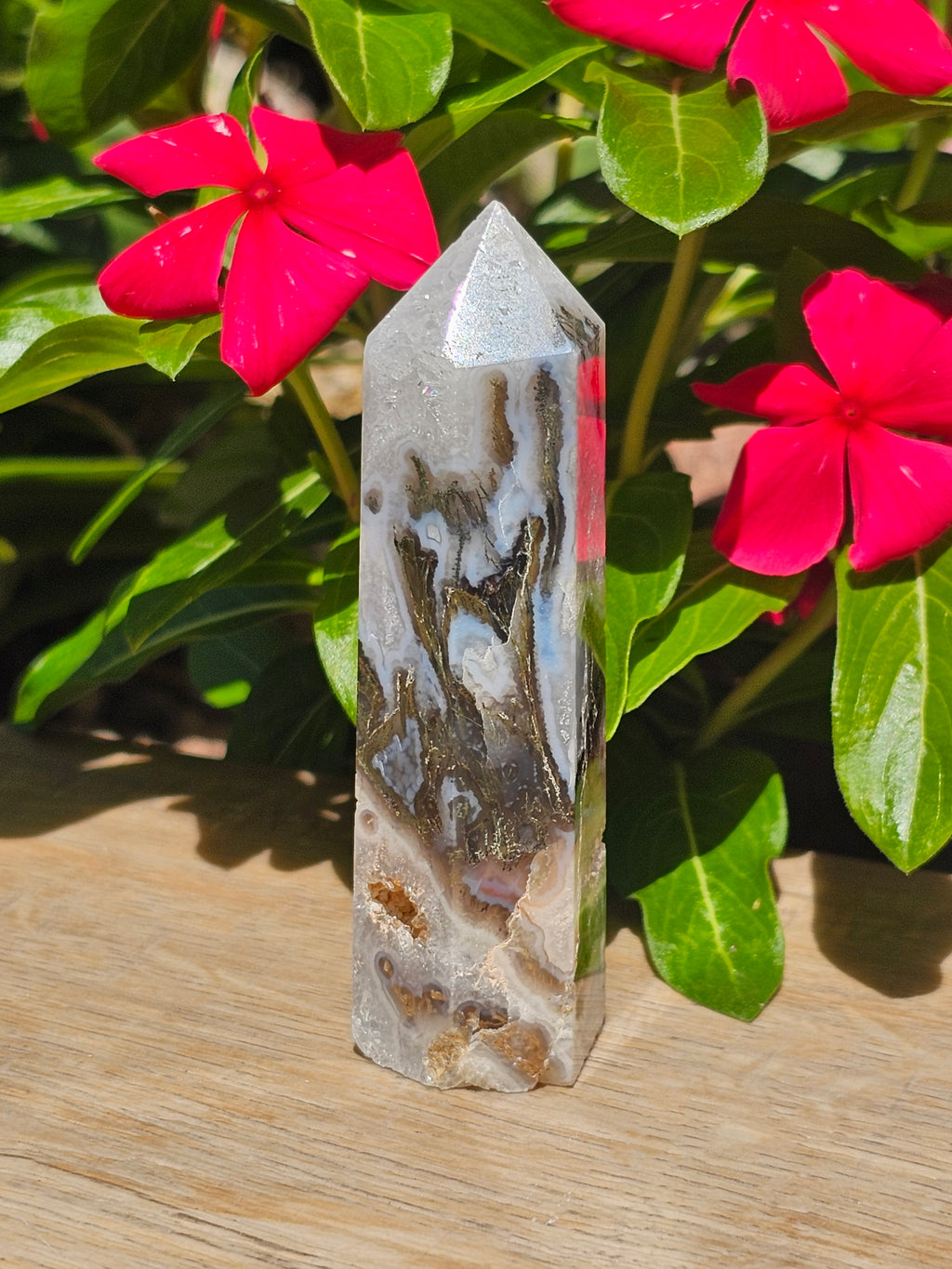 Green Moss Agate Crystal Tower