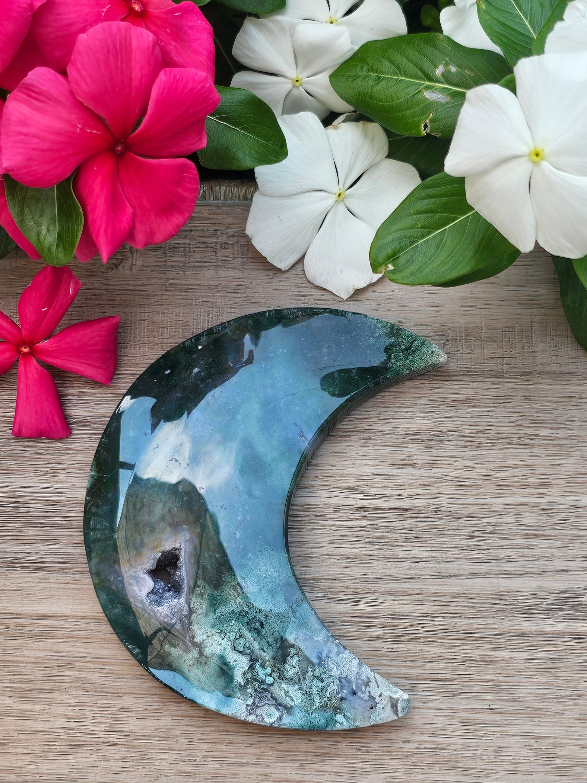 Moss Agate Crystal Crescent Moon With Stand