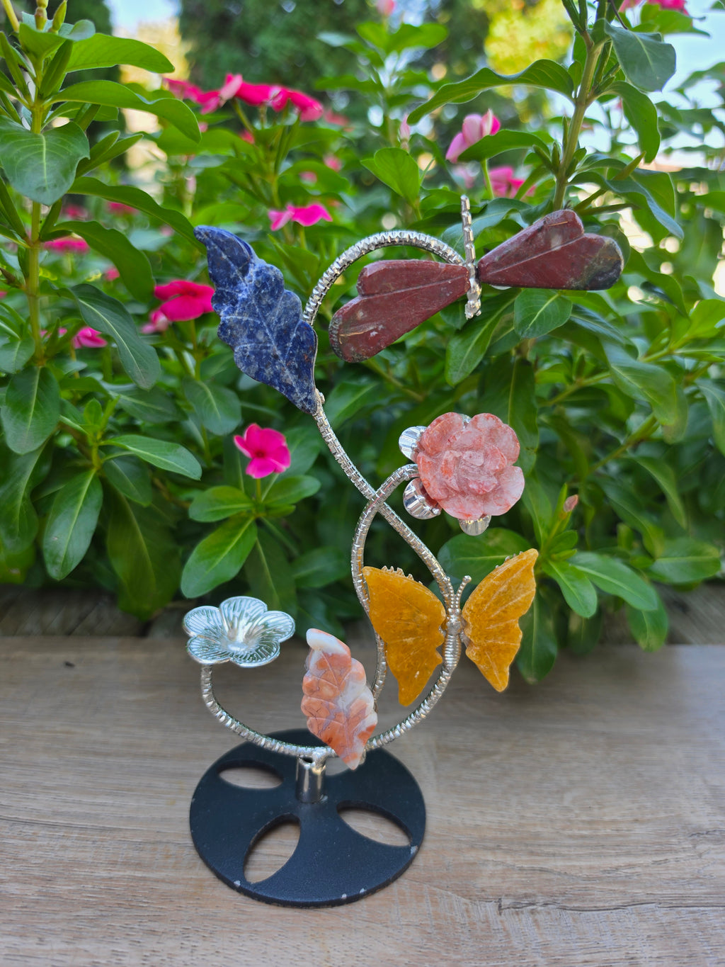 Crystal Sphere Holder Stand with Unakite Dragonfly,  Yellow Calcite Butterfly, Fire Quartz Rose & Flower Agate Leaf