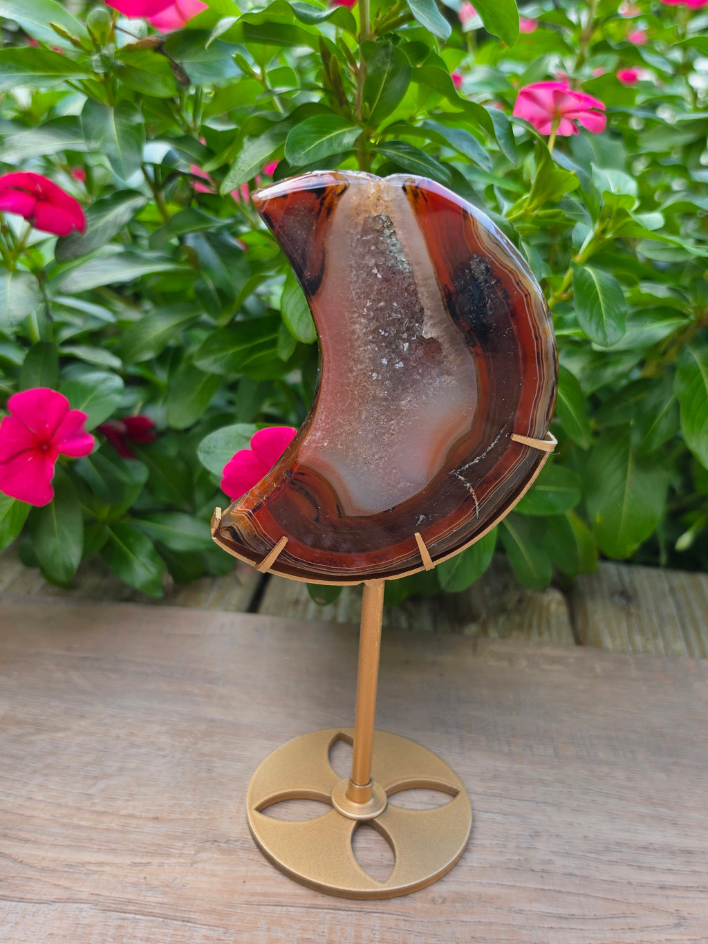 Sardonyx Crystal Crescent Moon on Stand with Druzy