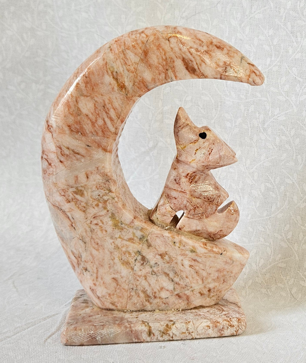 Soapstone Crystal half Moon with Wolf