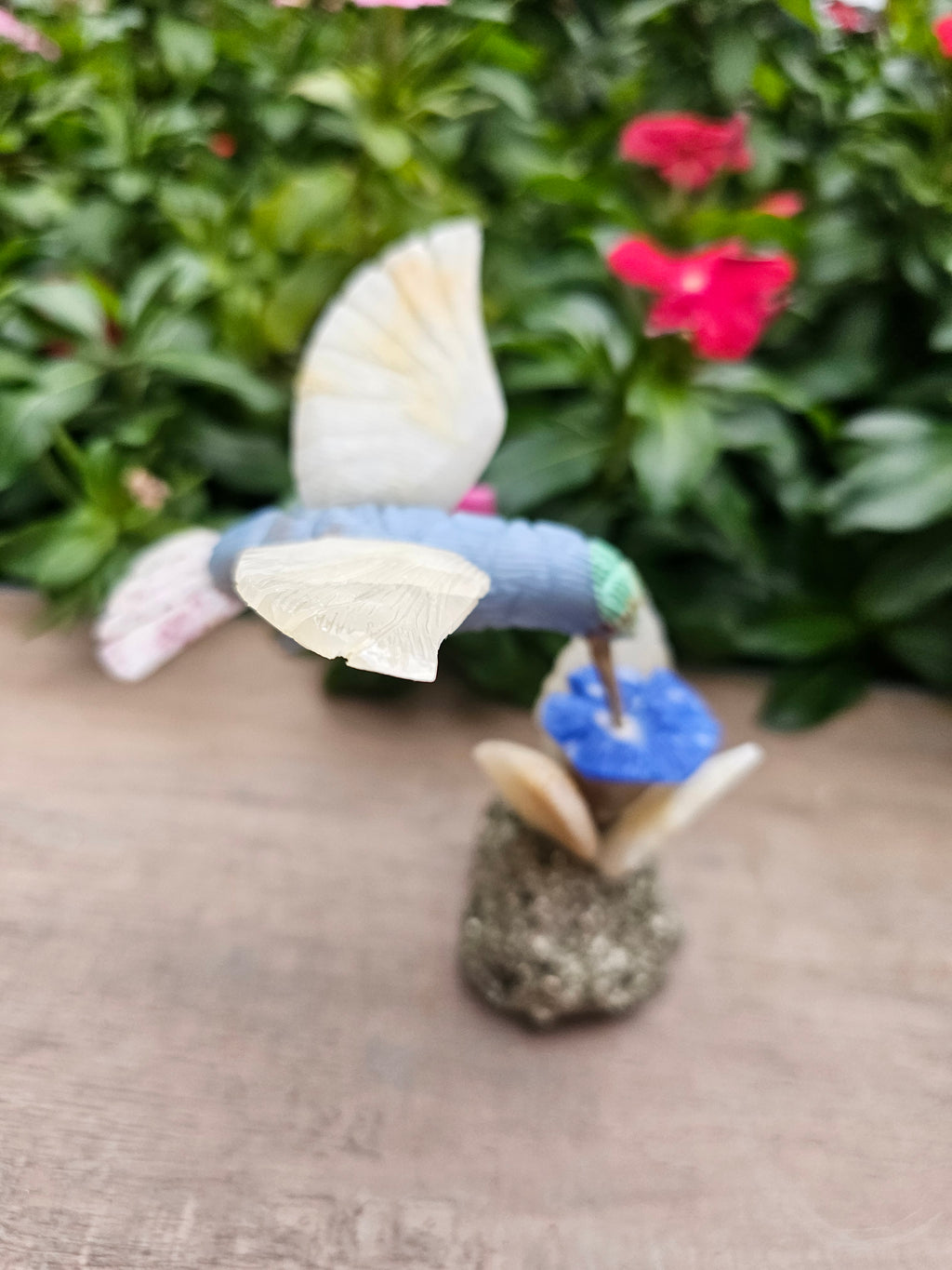 Stunning Pyrite Angelite Hummingbird on Natural Pyrite Flower