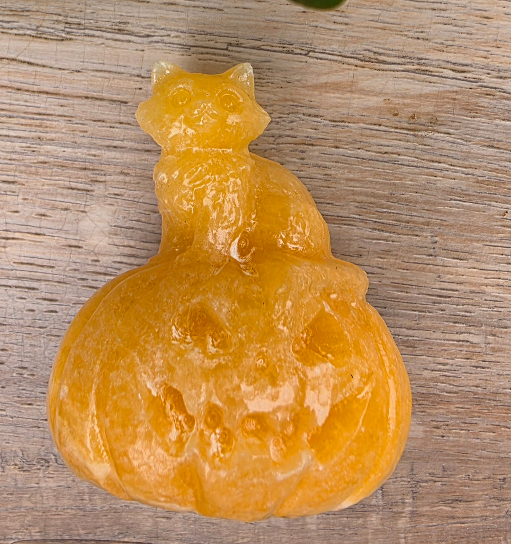 Orange Calcite Crystal Pumpkin with Cat