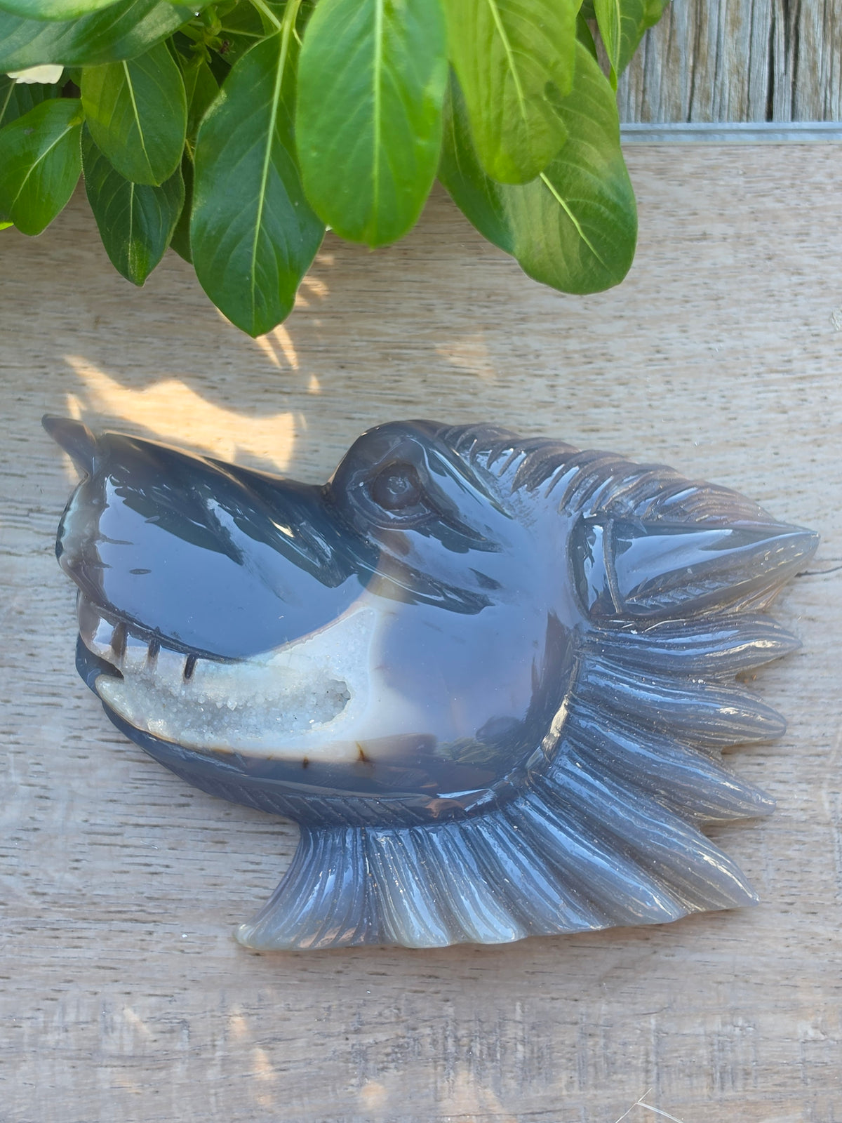 Druzy Agate Crystal Wolf Carving – 4.5" × 4"
