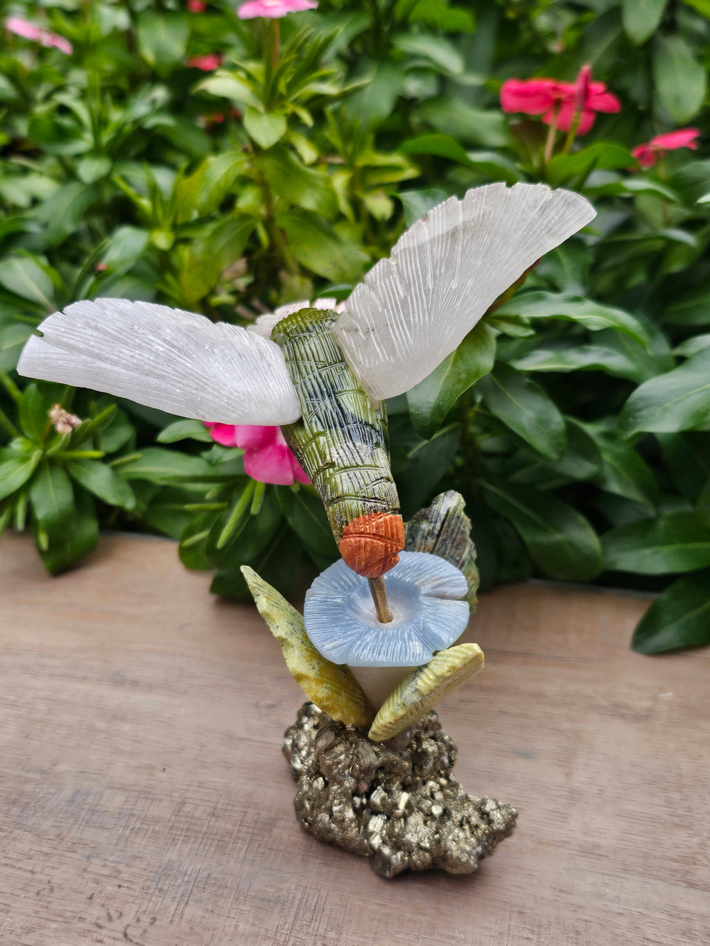 Pyrite Chalcedony Serpentine Hummingbird on Pyrite Flower - Hand Carved Crystal