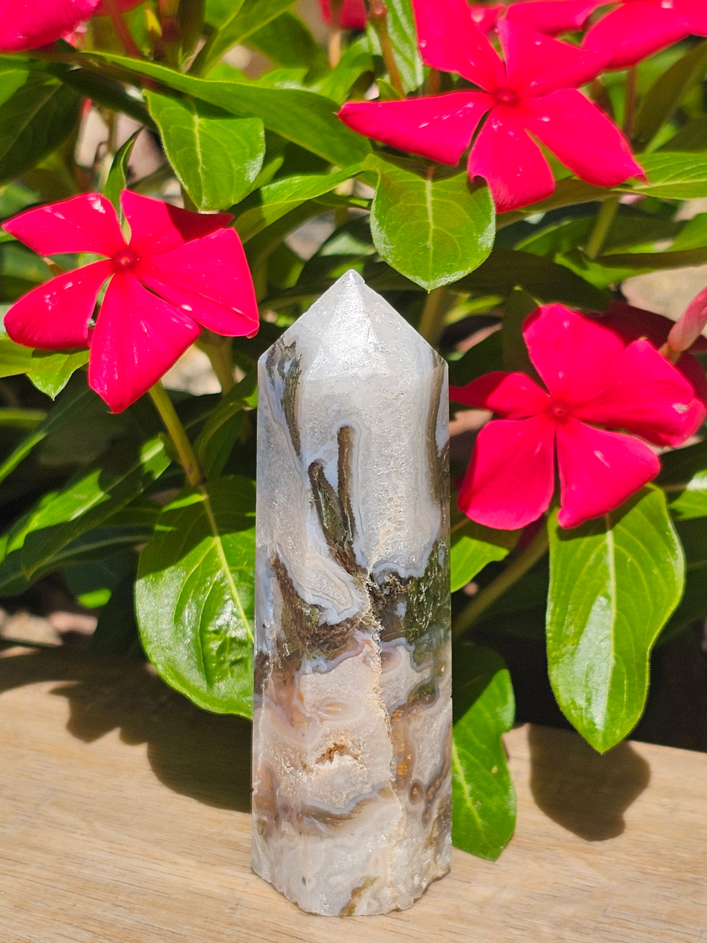 Green Moss Agate Crystal Tower
