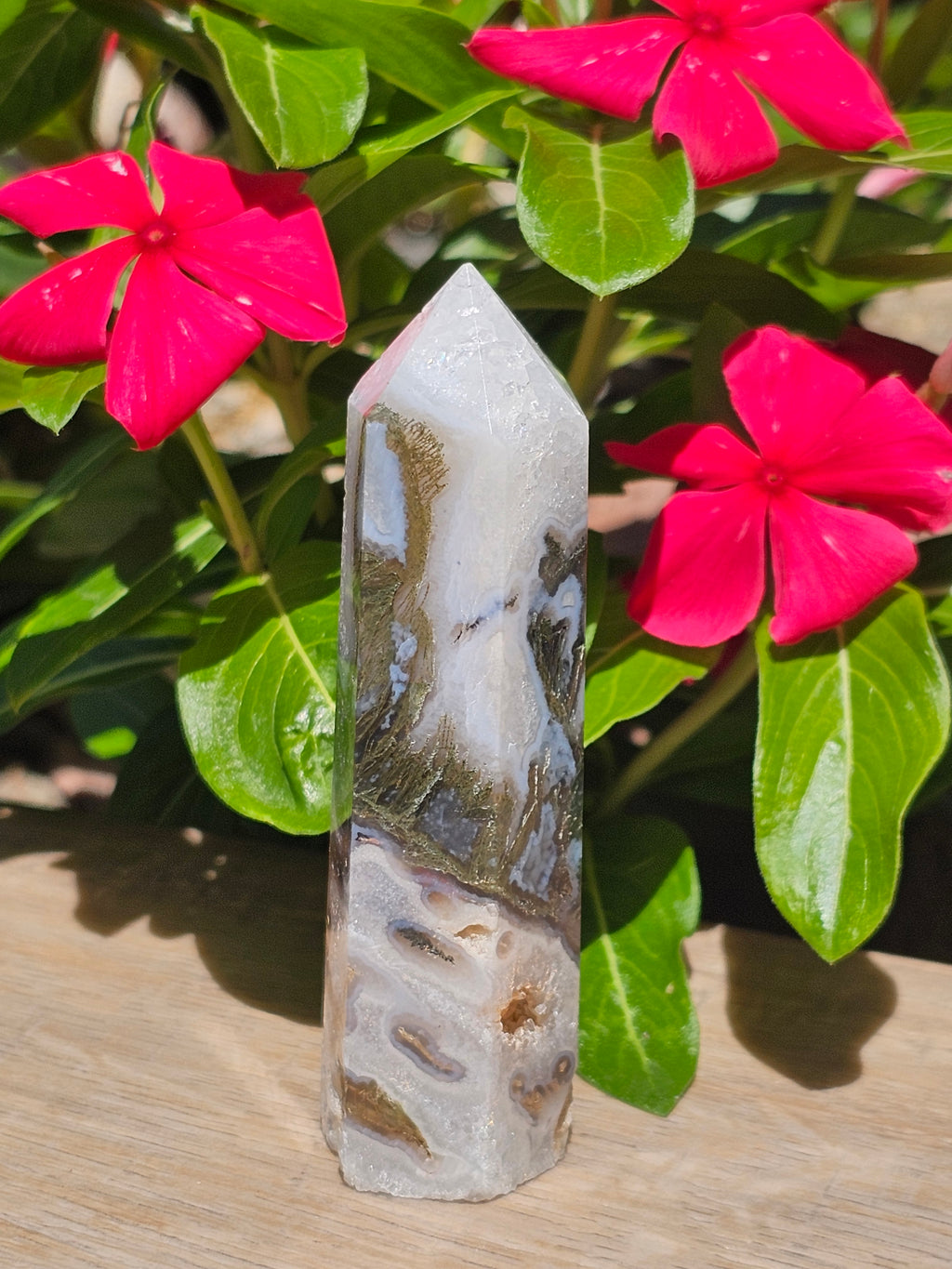 Green Moss Agate Crystal Tower